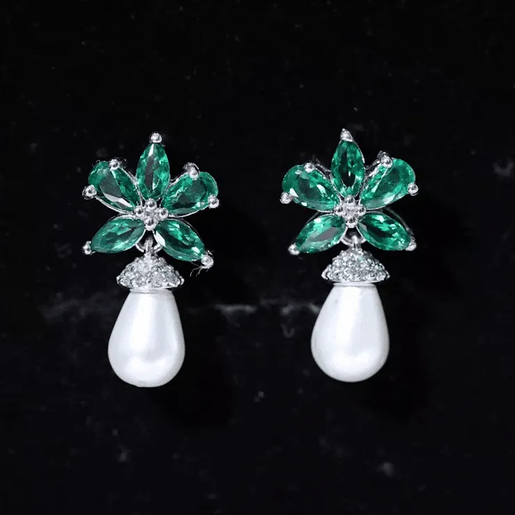 Flower Inspired Pearl Drop Earrings with Emerald