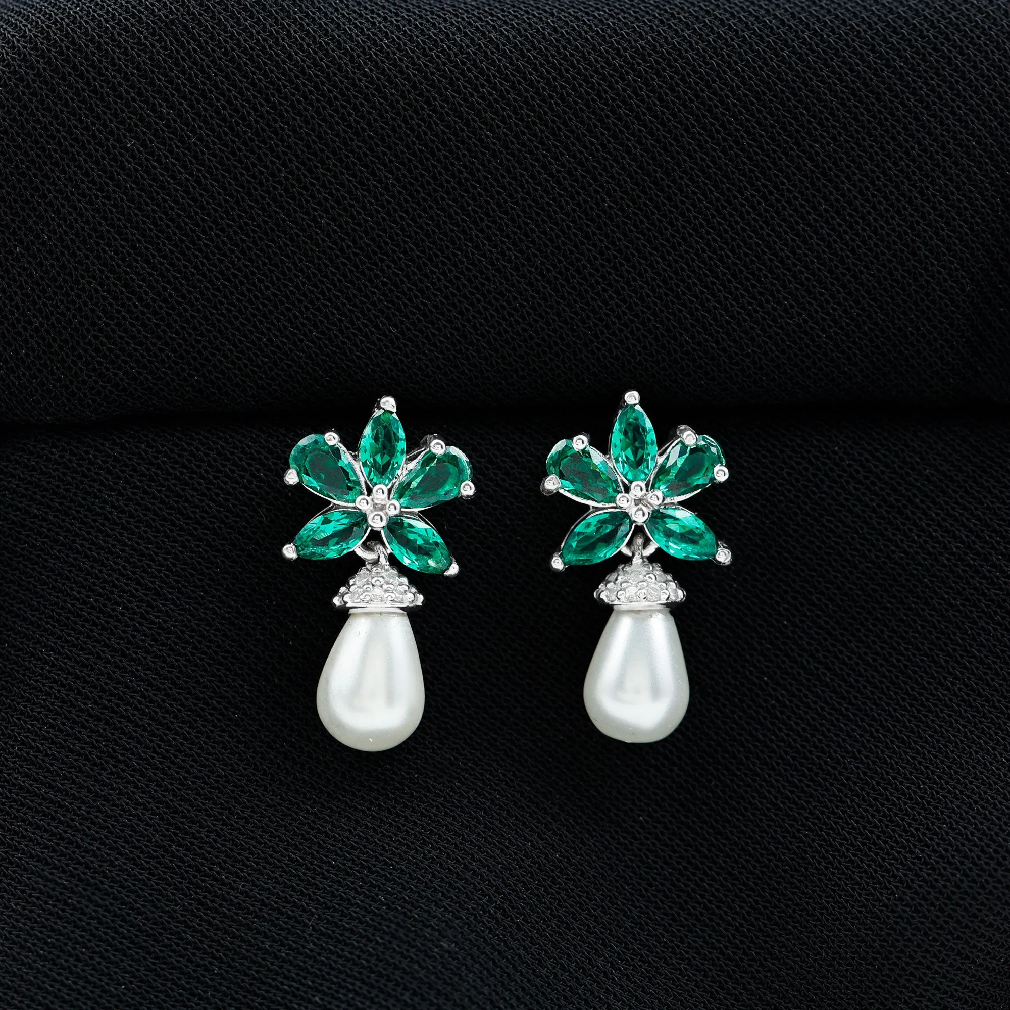 Flower Inspired Pearl Drop Earrings with Emerald