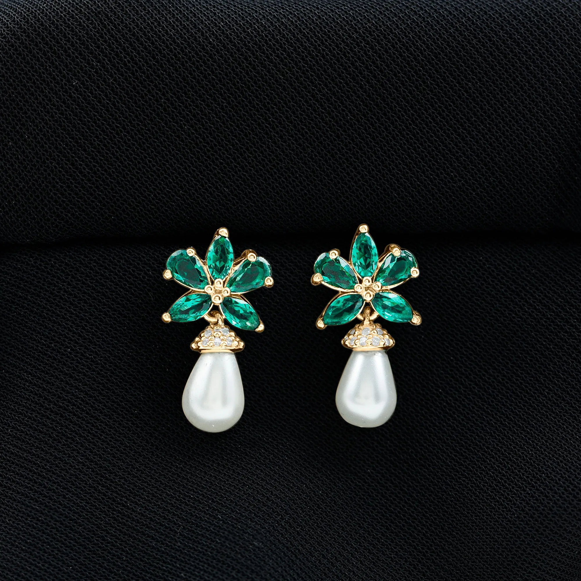 Flower Inspired Pearl Drop Earrings with Emerald