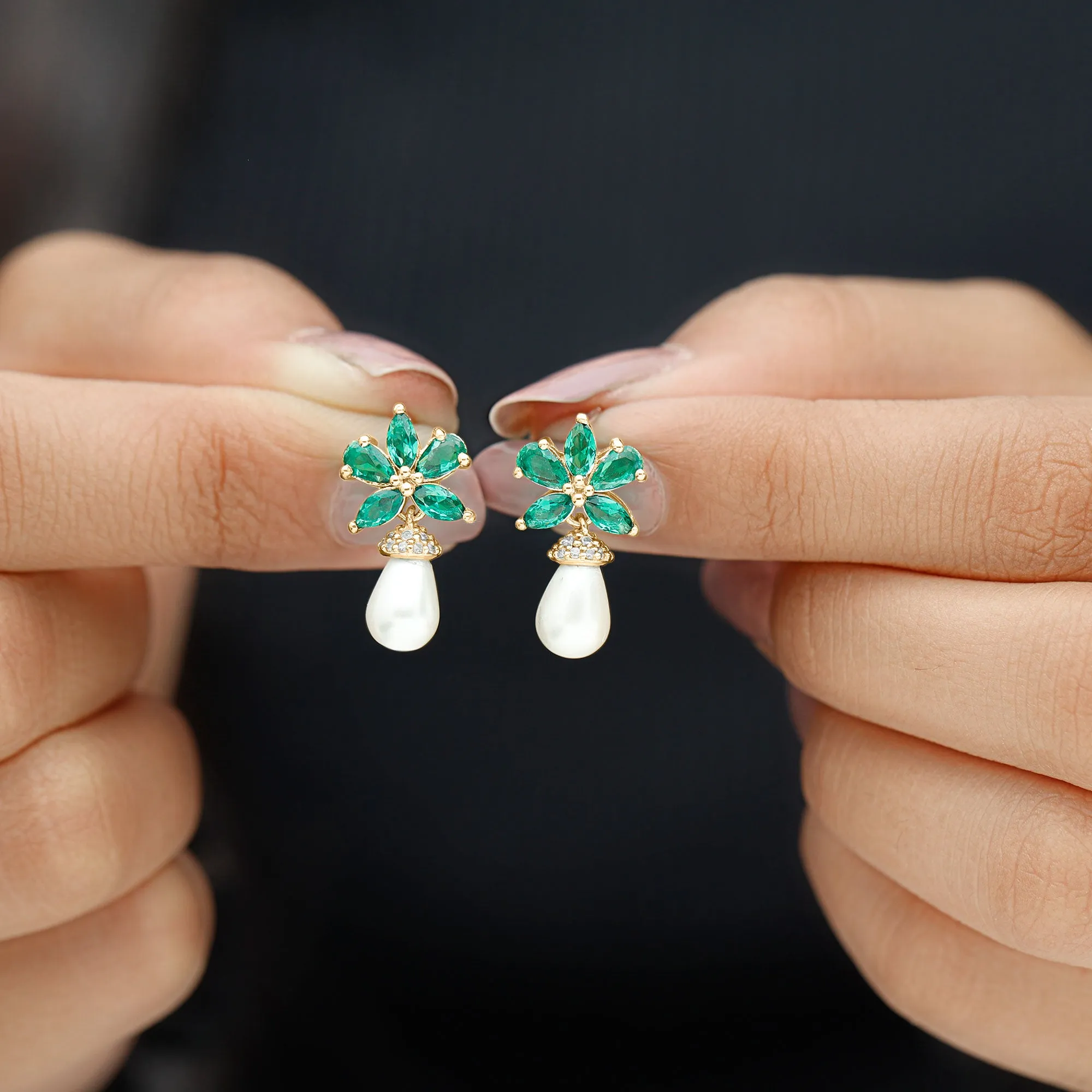 Flower Inspired Pearl Drop Earrings with Emerald