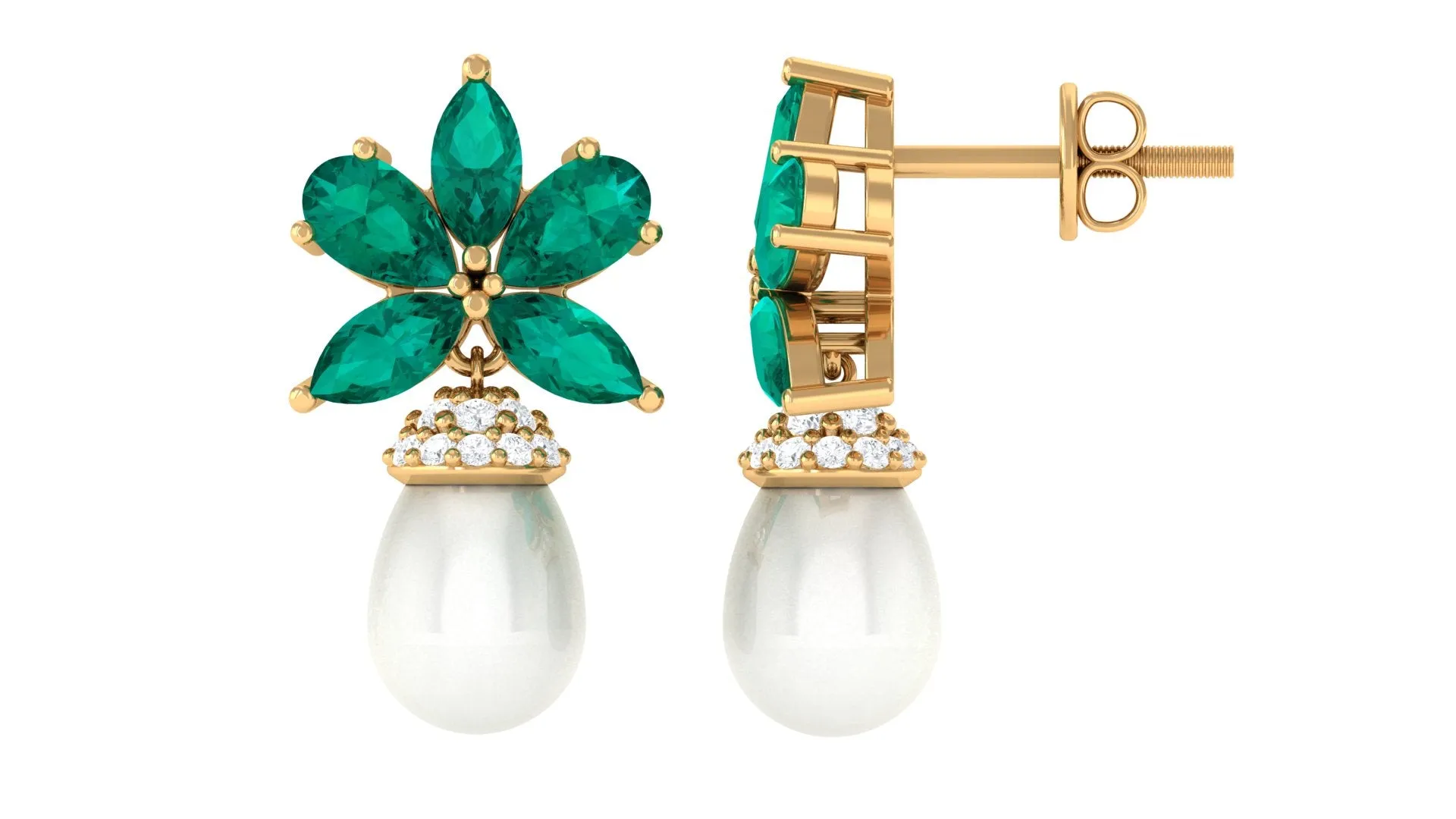 Flower Inspired Pearl Drop Earrings with Emerald