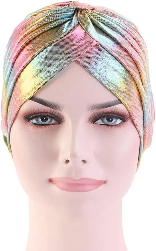 Glitter Laser Flower Turban Colourful Beanie Cap Stretchy Hair Wrap for Women
