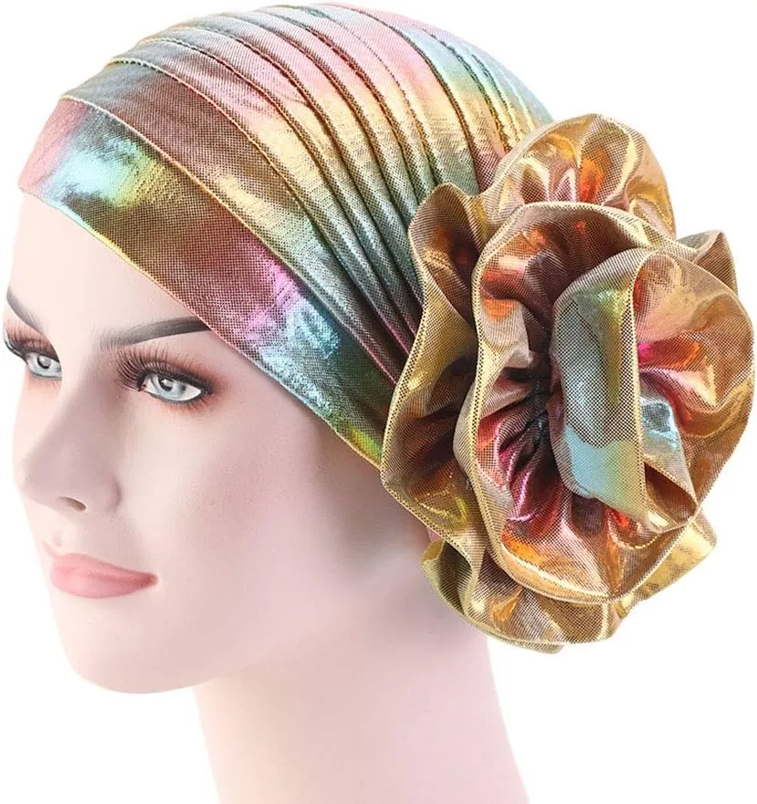 Glitter Laser Flower Turban Colourful Beanie Cap Stretchy Hair Wrap for Women