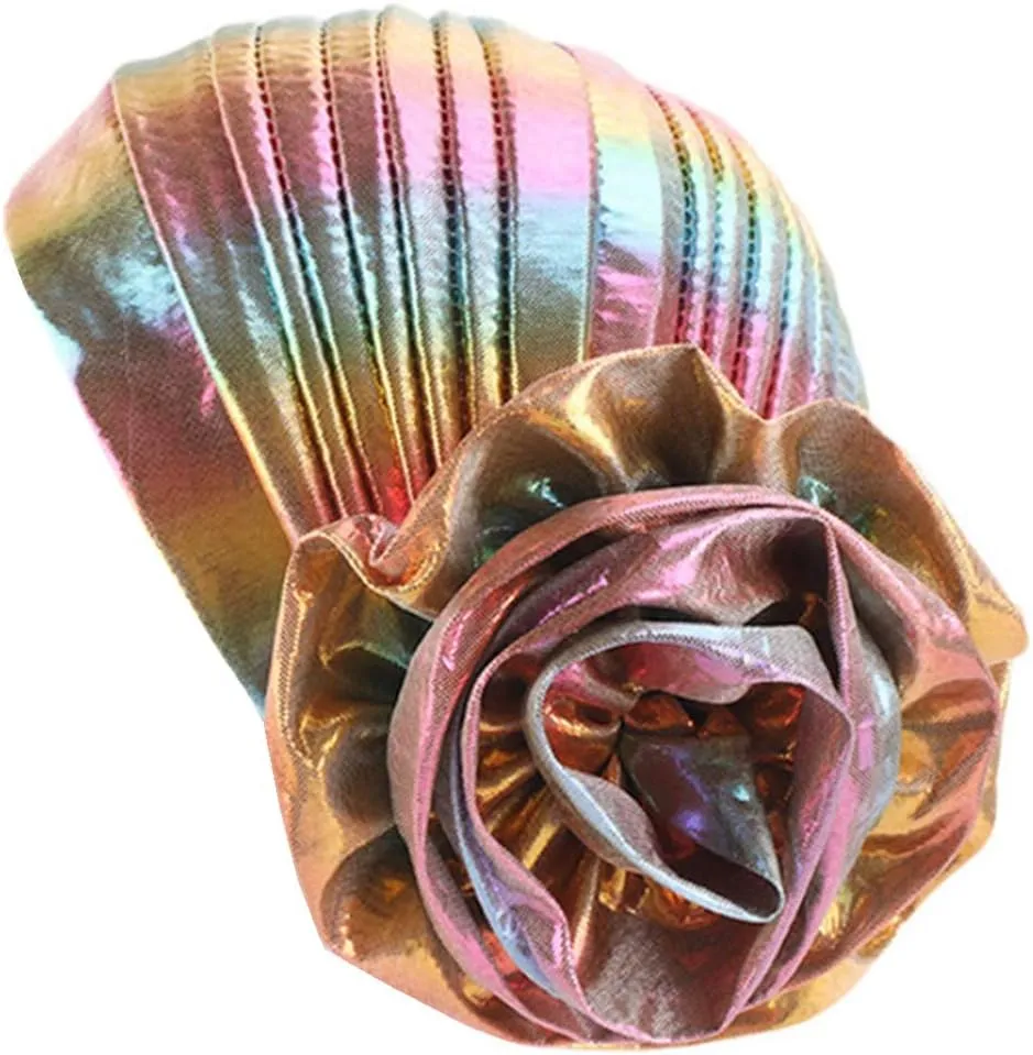 Glitter Laser Flower Turban Colourful Beanie Cap Stretchy Hair Wrap for Women