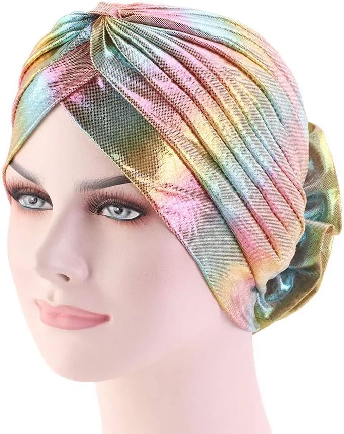 Glitter Laser Flower Turban Colourful Beanie Cap Stretchy Hair Wrap for Women