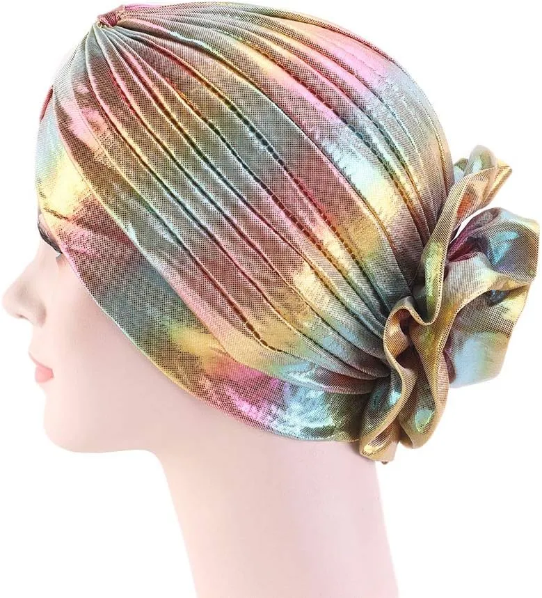 Glitter Laser Flower Turban Colourful Beanie Cap Stretchy Hair Wrap for Women