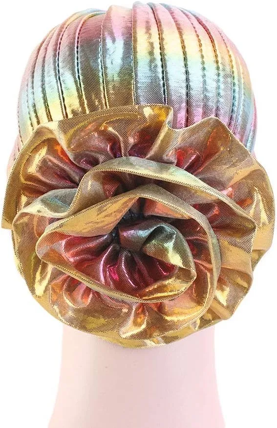 Glitter Laser Flower Turban Colourful Beanie Cap Stretchy Hair Wrap for Women