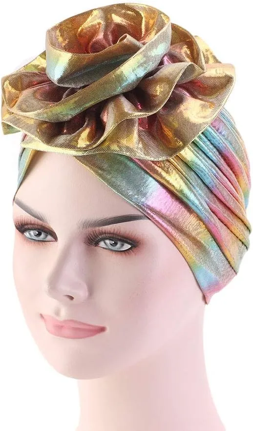 Glitter Laser Flower Turban Colourful Beanie Cap Stretchy Hair Wrap for Women