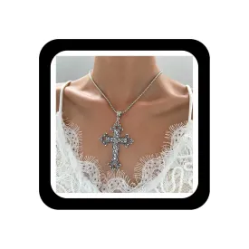 Gothic Silver Cross Necklace Large Engraved Flower Cross Necklace Vintage Religious Cross Pendant Necklace Italian Box Link Chain Necklace Jewelry for Women Men