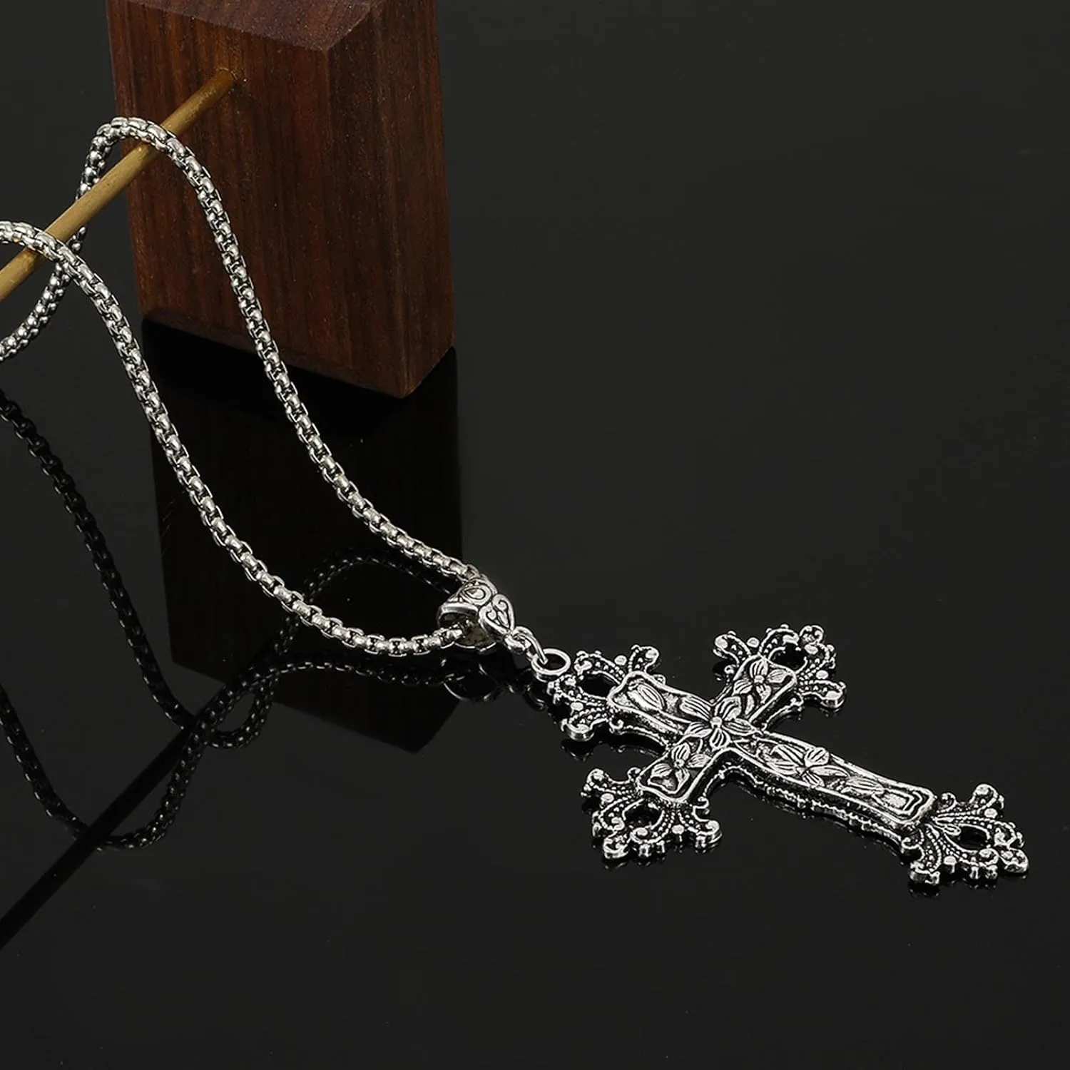 Gothic Silver Cross Necklace Large Engraved Flower Cross Necklace Vintage Religious Cross Pendant Necklace Italian Box Link Chain Necklace Jewelry for Women Men