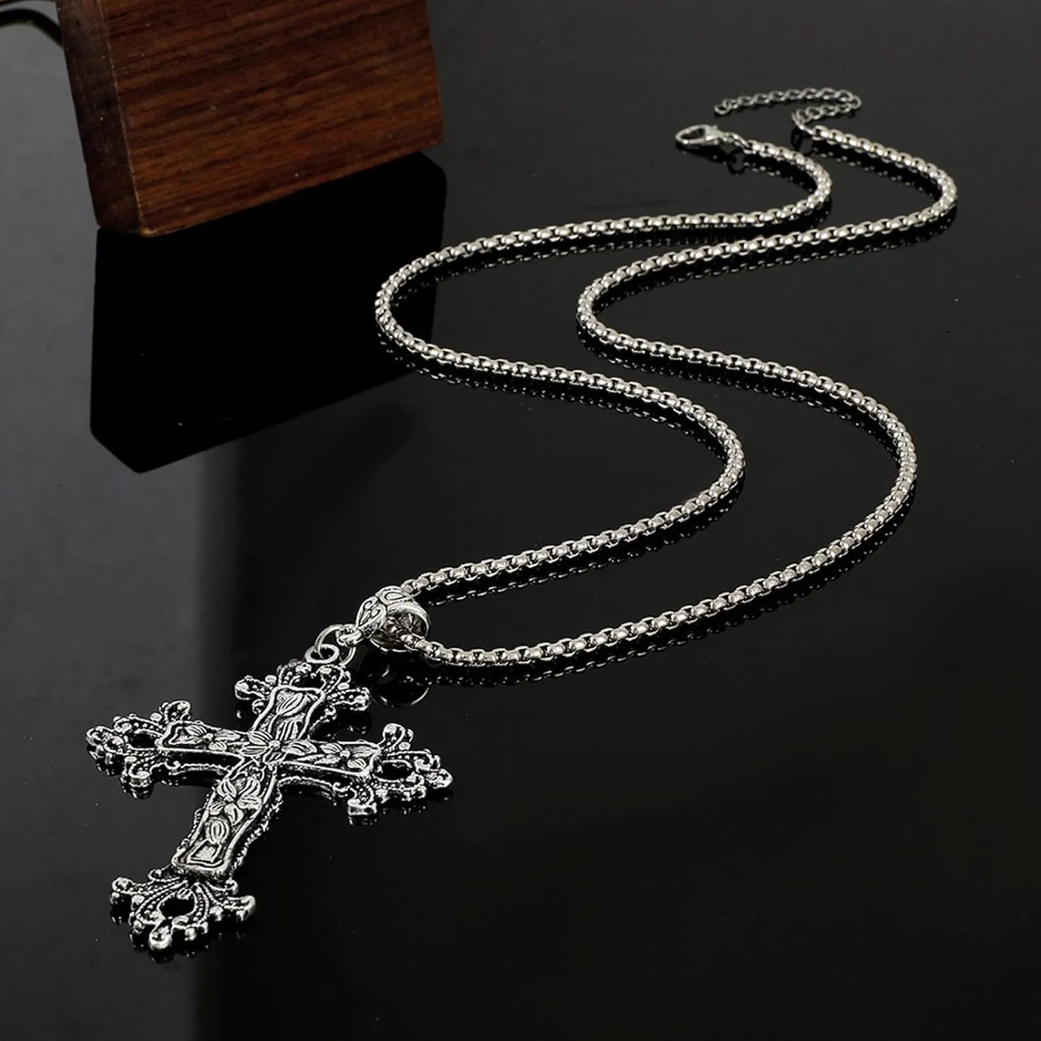 Gothic Silver Cross Necklace Large Engraved Flower Cross Necklace Vintage Religious Cross Pendant Necklace Italian Box Link Chain Necklace Jewelry for Women Men