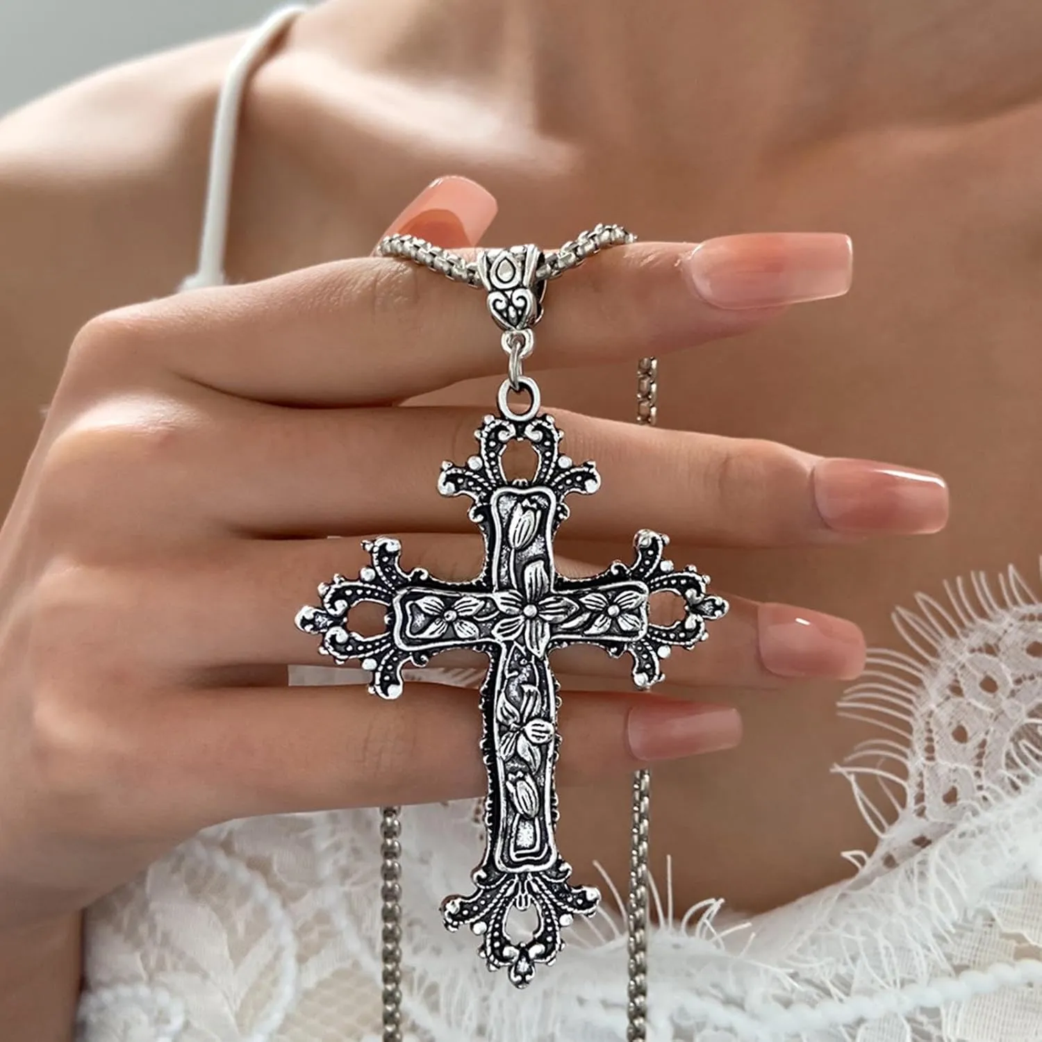 Gothic Silver Cross Necklace Large Engraved Flower Cross Necklace Vintage Religious Cross Pendant Necklace Italian Box Link Chain Necklace Jewelry for Women Men