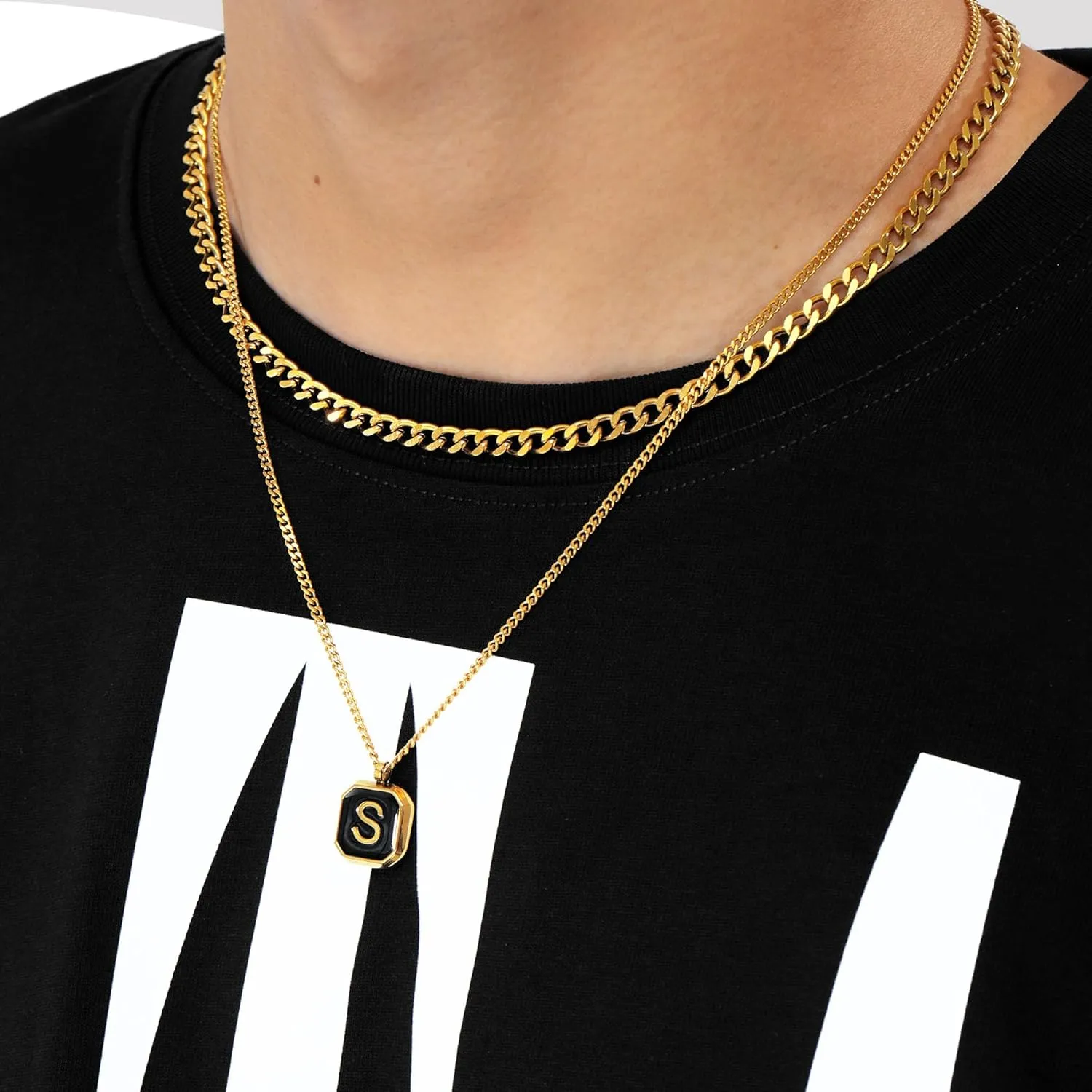JSJOY Layered Initial Necklaces for Men Rope Chain Letter Initial A-Z Pendant Necklaces Chunky Cuban Chain Choker Graduation Gifts