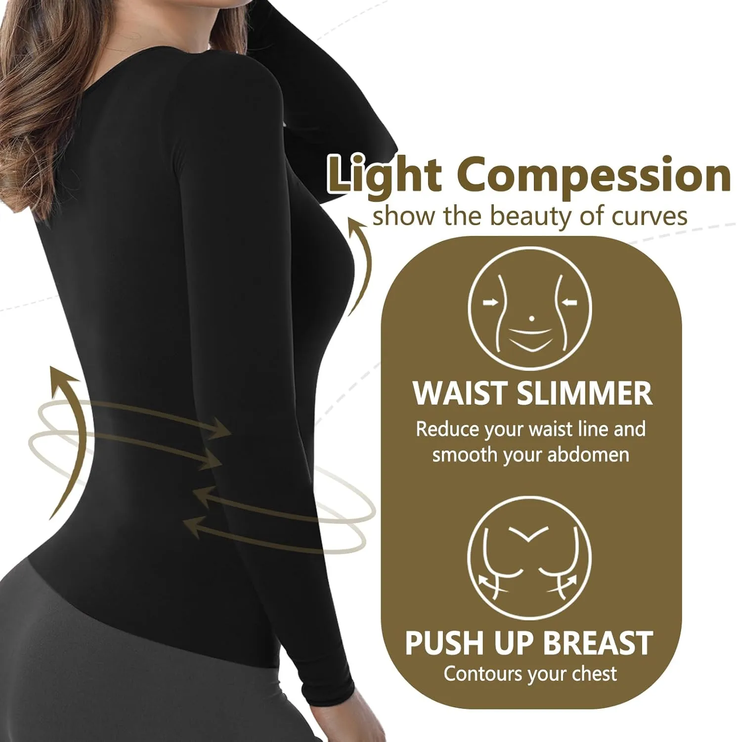 MD Womens Compression Slimming Shirts and Undershirts for Tummy Waist and Bust Long Sleeves Thermal Underwear Round Neck