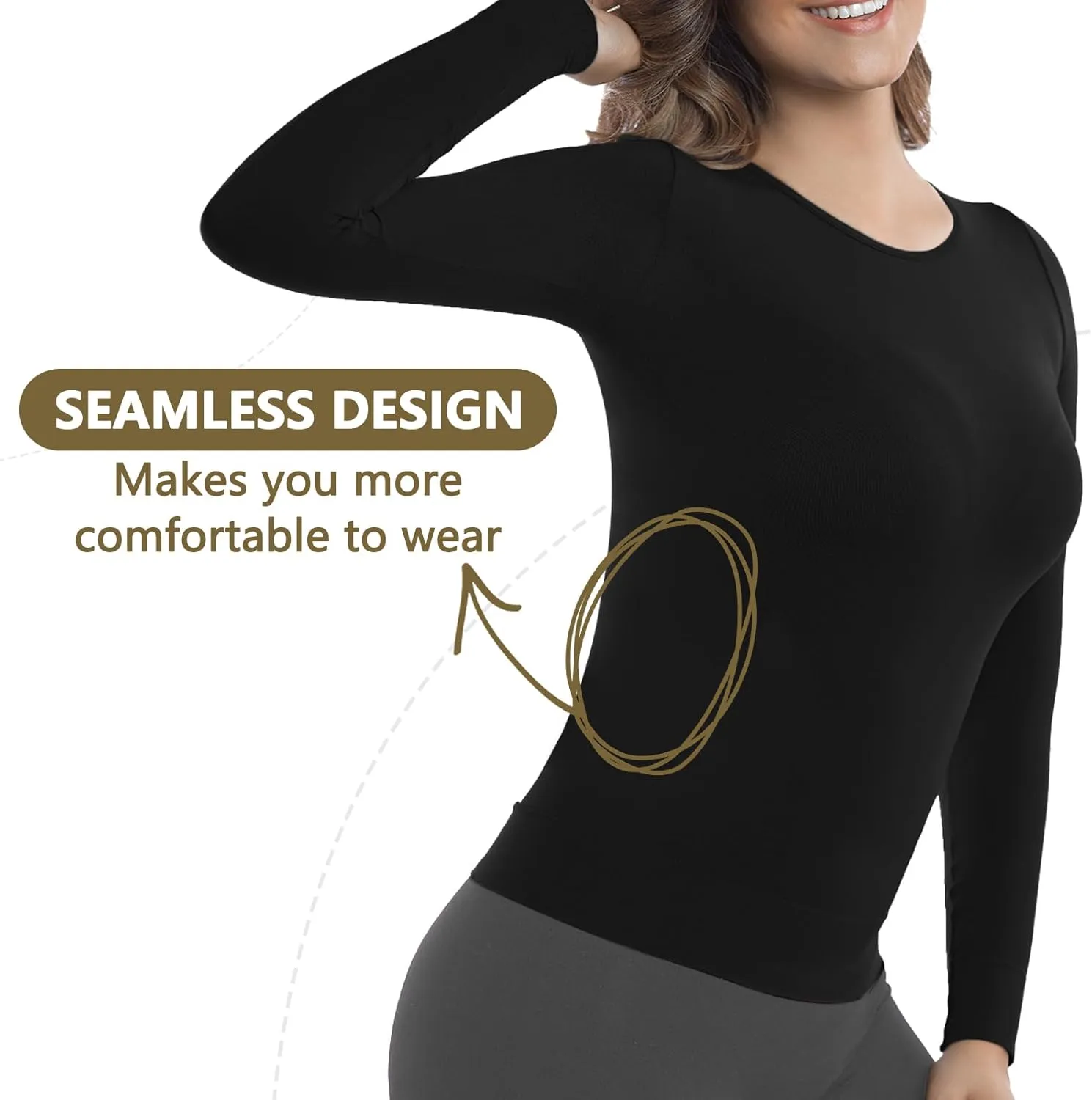  MD Womens Compression Slimming Shirts and Undershirts for Tummy Waist and Bust Long Sleeves Thermal Underwear Round Neck