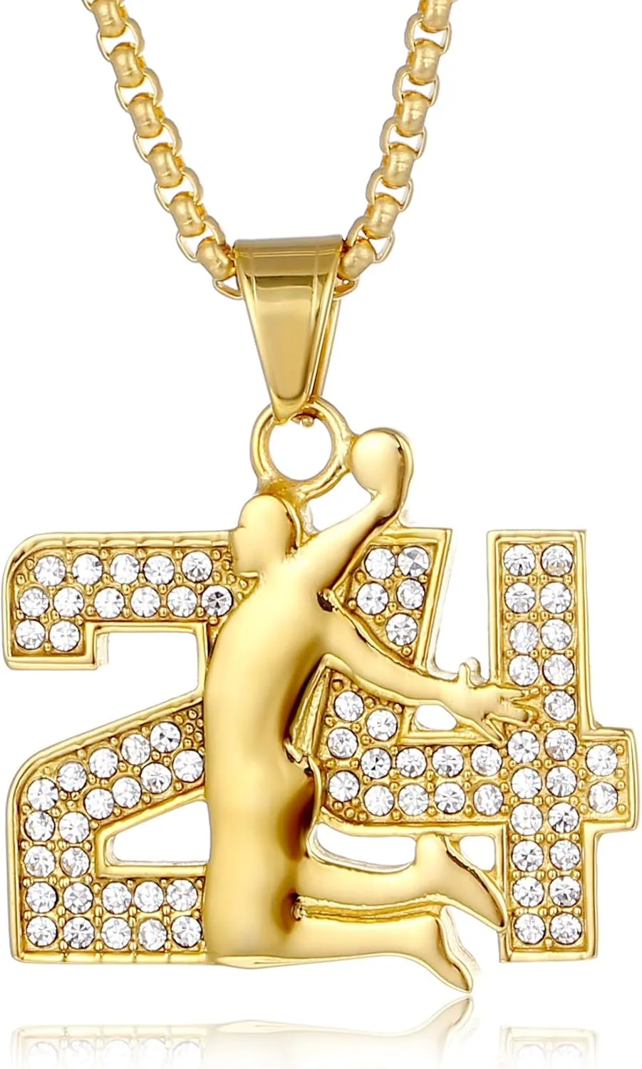Memorial Legend Basketball Pendant Necklace,Stainless Steel Number Charm for Men,Snake Coiled CZ No.24 Chunky Chain 18K Gold Plated Silver Necklace Punk Athlete Sport Choker Jewelry