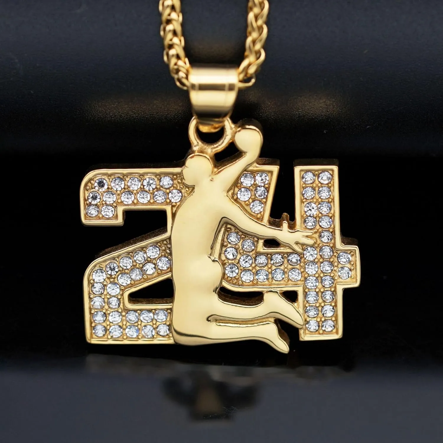 Memorial Legend Basketball Pendant Necklace,Stainless Steel Number Charm for Men,Snake Coiled CZ No.24 Chunky Chain 18K Gold Plated Silver Necklace Punk Athlete Sport Choker Jewelry
