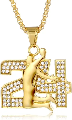 Memorial Legend Basketball Pendant Necklace,Stainless Steel Number Charm for Men,Snake Coiled CZ No.24 Chunky Chain 18K Gold Plated Silver Necklace Punk Athlete Sport Choker Jewelry