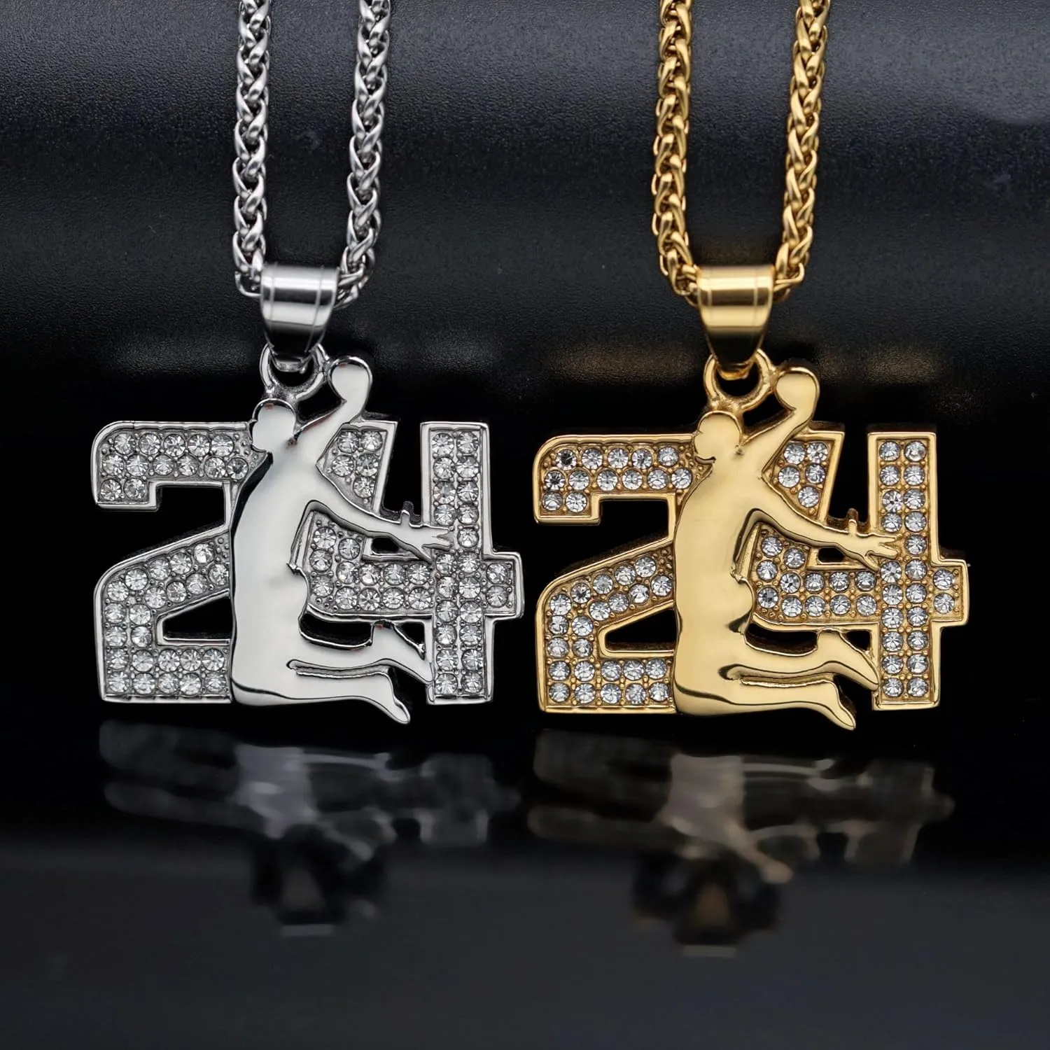 Memorial Legend Basketball Pendant Necklace,Stainless Steel Number Charm for Men,Snake Coiled CZ No.24 Chunky Chain 18K Gold Plated Silver Necklace Punk Athlete Sport Choker Jewelry