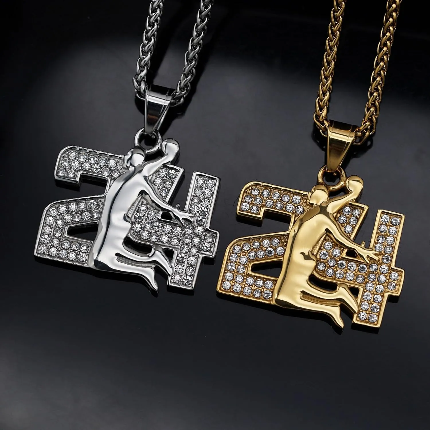 Memorial Legend Basketball Pendant Necklace,Stainless Steel Number Charm for Men,Snake Coiled CZ No.24 Chunky Chain 18K Gold Plated Silver Necklace Punk Athlete Sport Choker Jewelry