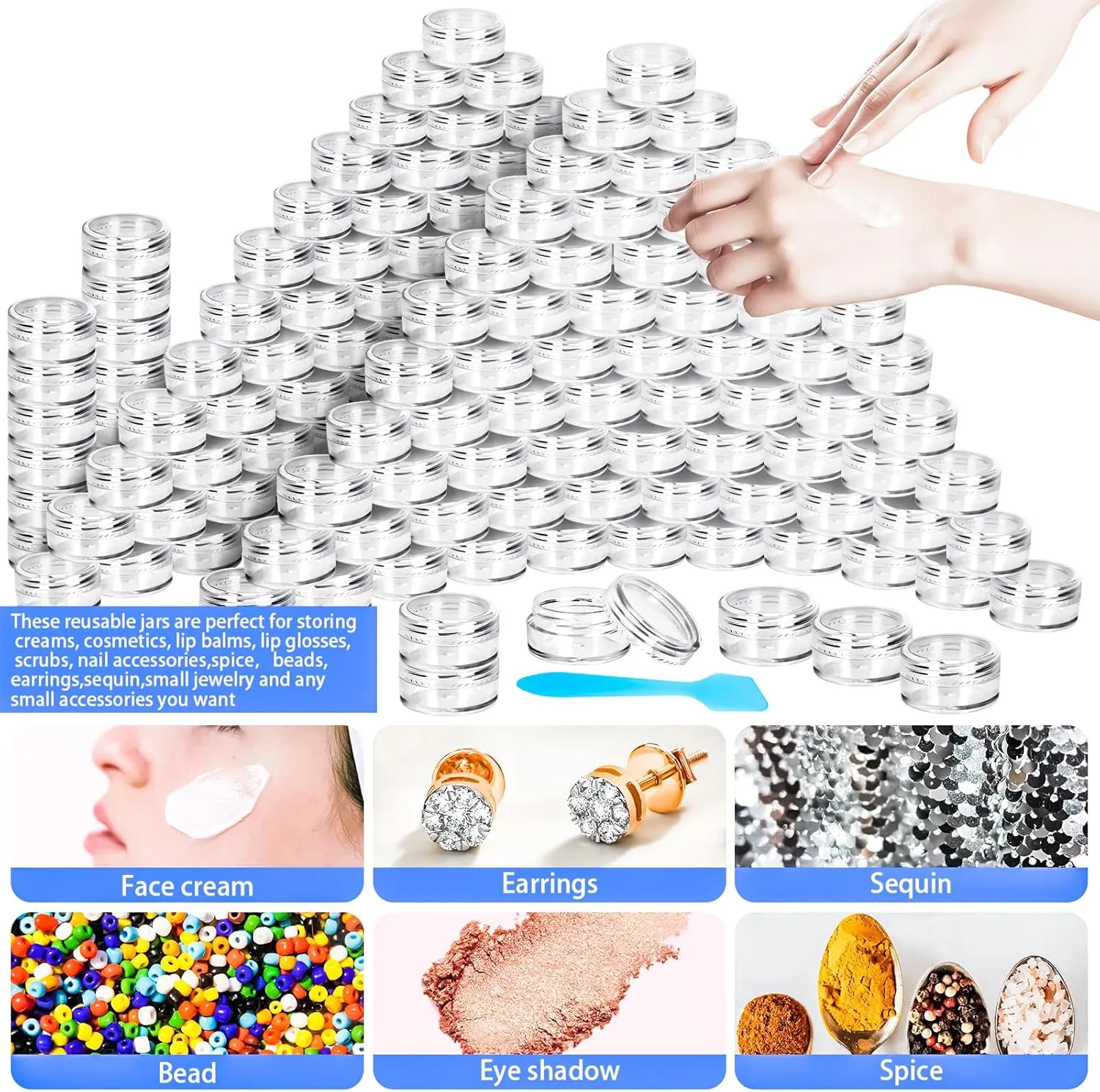 MotBach 100 Pcs 5g Empty Plastic Containers with Clear Lids,Mini Makeup Sample Containers, Small Sample Pot Jars Round Cosmetic Jars with Mini Spatulas for Liquid Sample Powder Creams Lotions