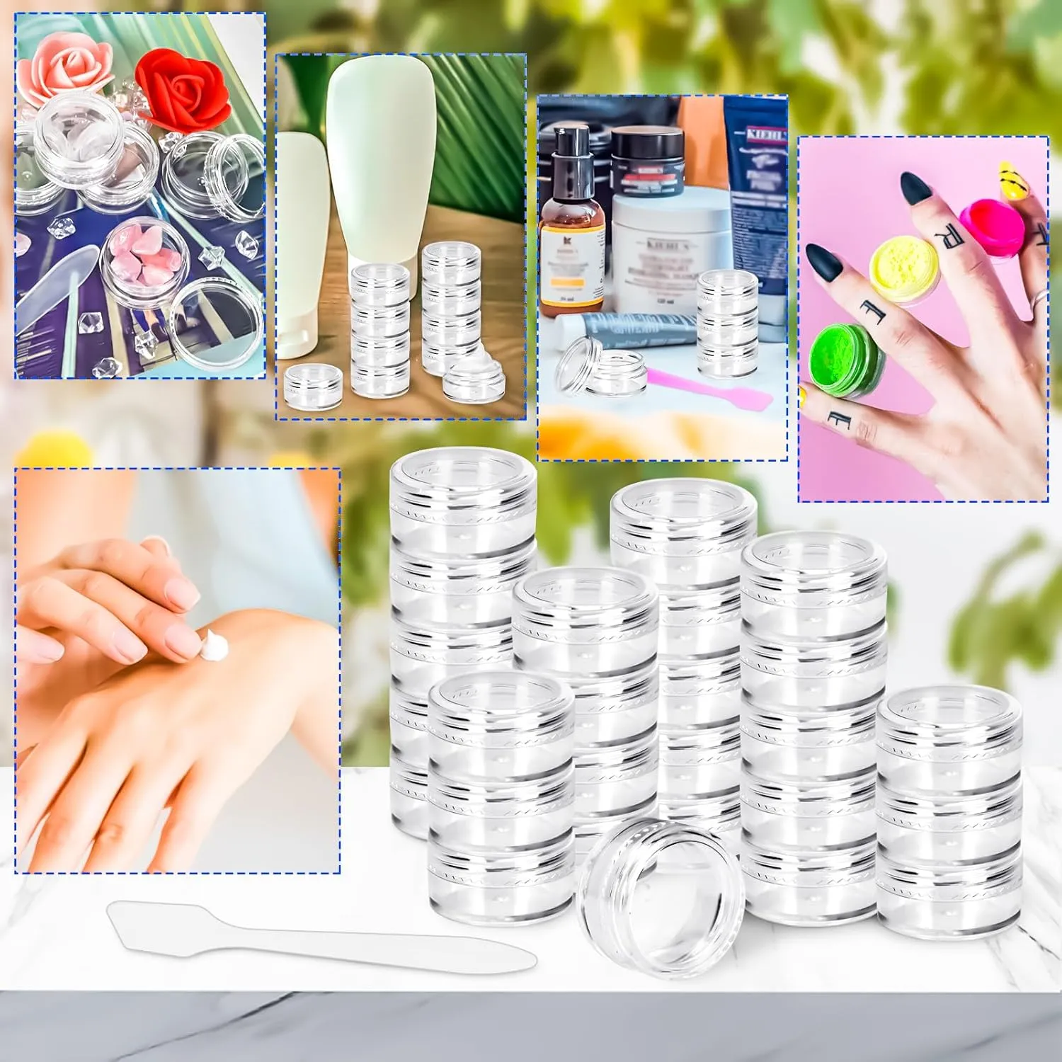 MotBach 100 Pcs 5g Empty Plastic Containers with Clear Lids,Mini Makeup Sample Containers, Small Sample Pot Jars Round Cosmetic Jars with Mini Spatulas for Liquid Sample Powder Creams Lotions