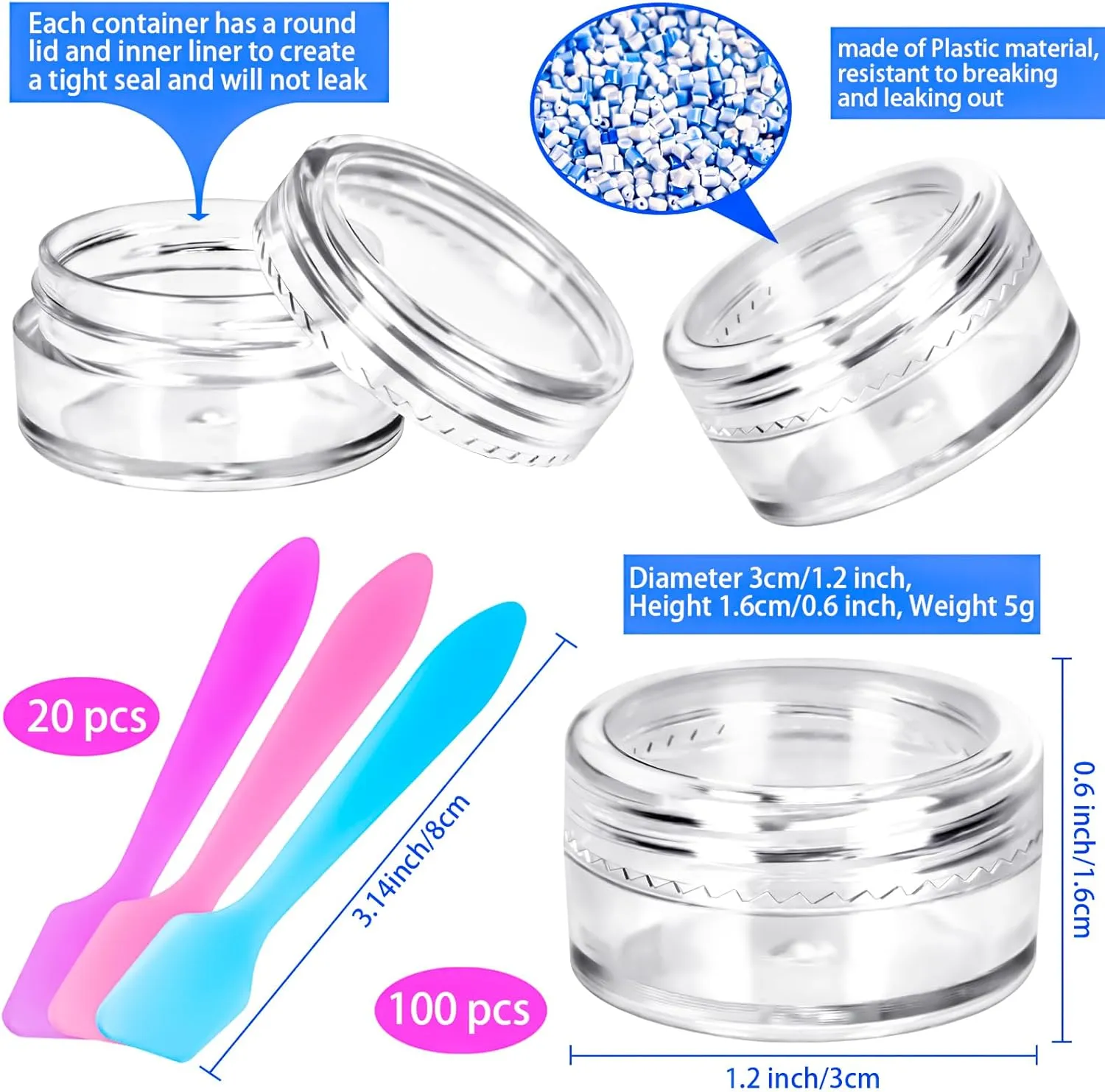 MotBach 100 Pcs 5g Empty Plastic Containers with Clear Lids,Mini Makeup Sample Containers, Small Sample Pot Jars Round Cosmetic Jars with Mini Spatulas for Liquid Sample Powder Creams Lotions
