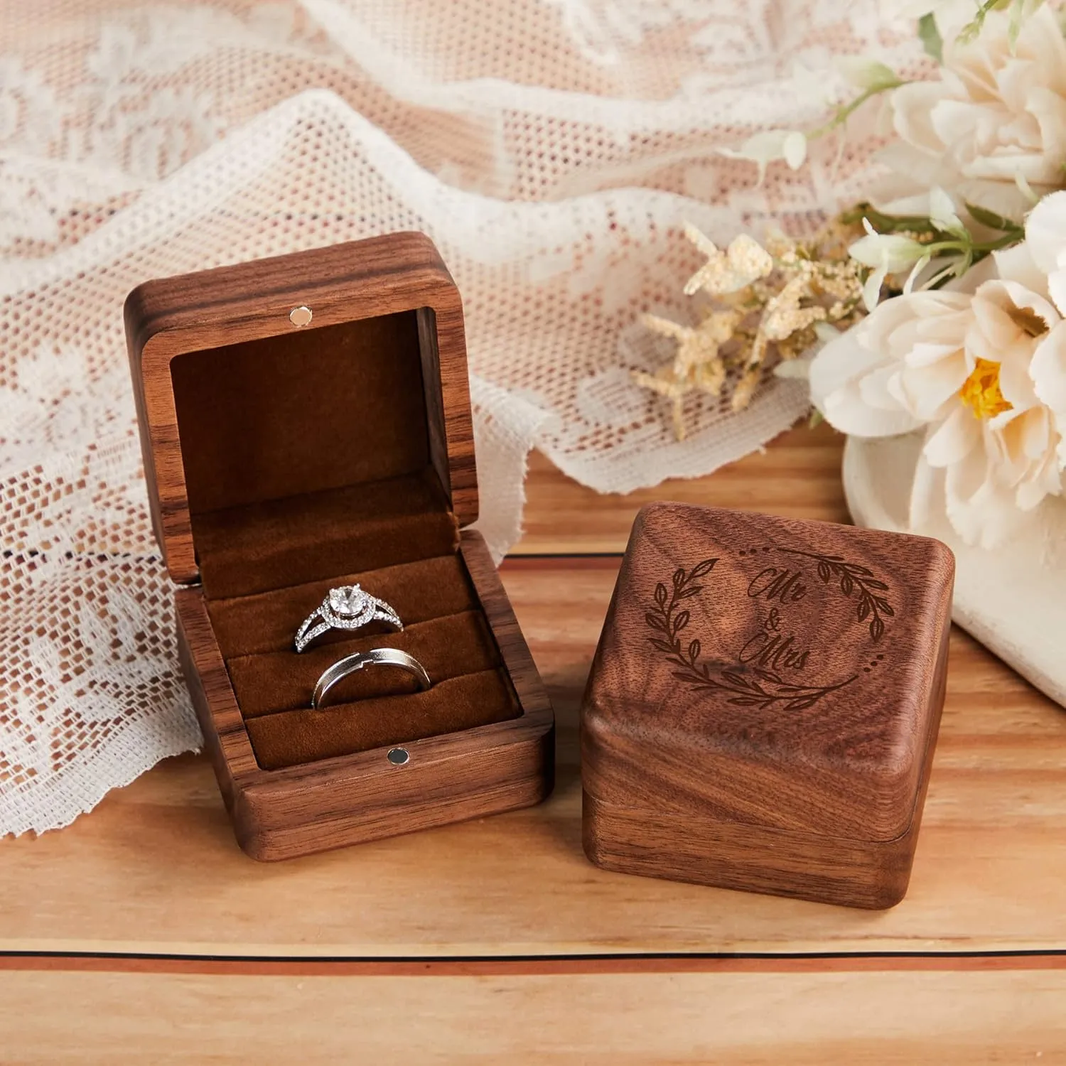 Mr & Mrs Ring Box 2 Slots for Wedding Engagement Ring Bearer Box Engraved Wooden for Proposal Ceremony Day Jewelry Gift