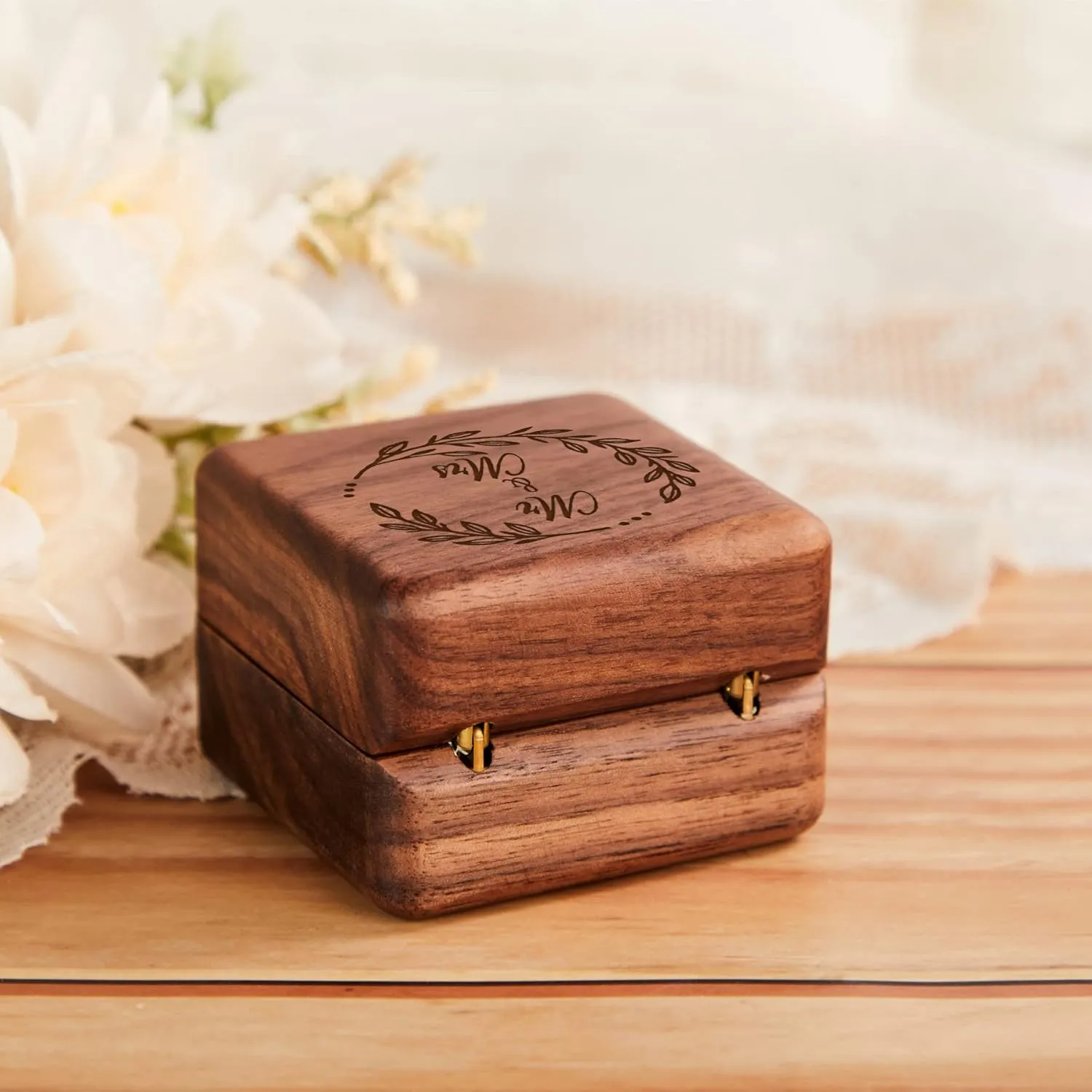 Mr & Mrs Ring Box 2 Slots for Wedding Engagement Ring Bearer Box Engraved Wooden for Proposal Ceremony Day Jewelry Gift