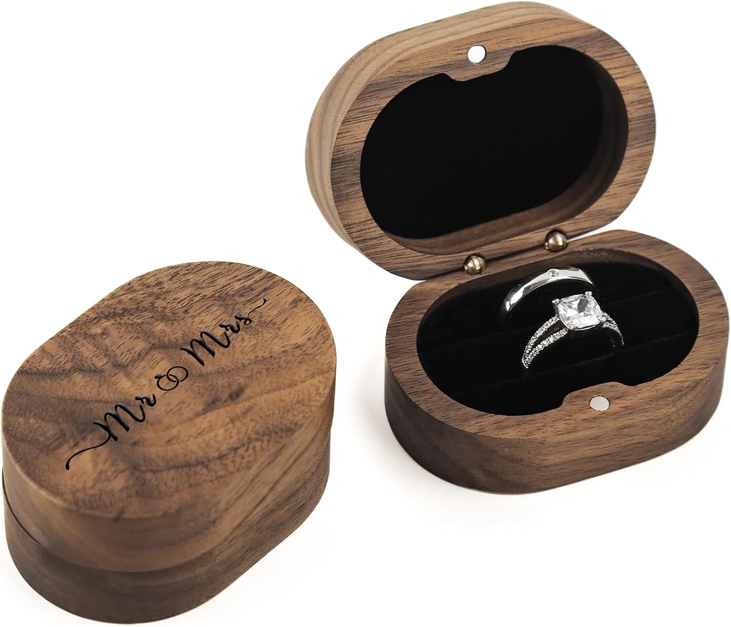Mr & Mrs Wooden Ring Box Oval Wooden Ring Box with 2 Slots for Engagement Wedding Anniversary(Black Inner)