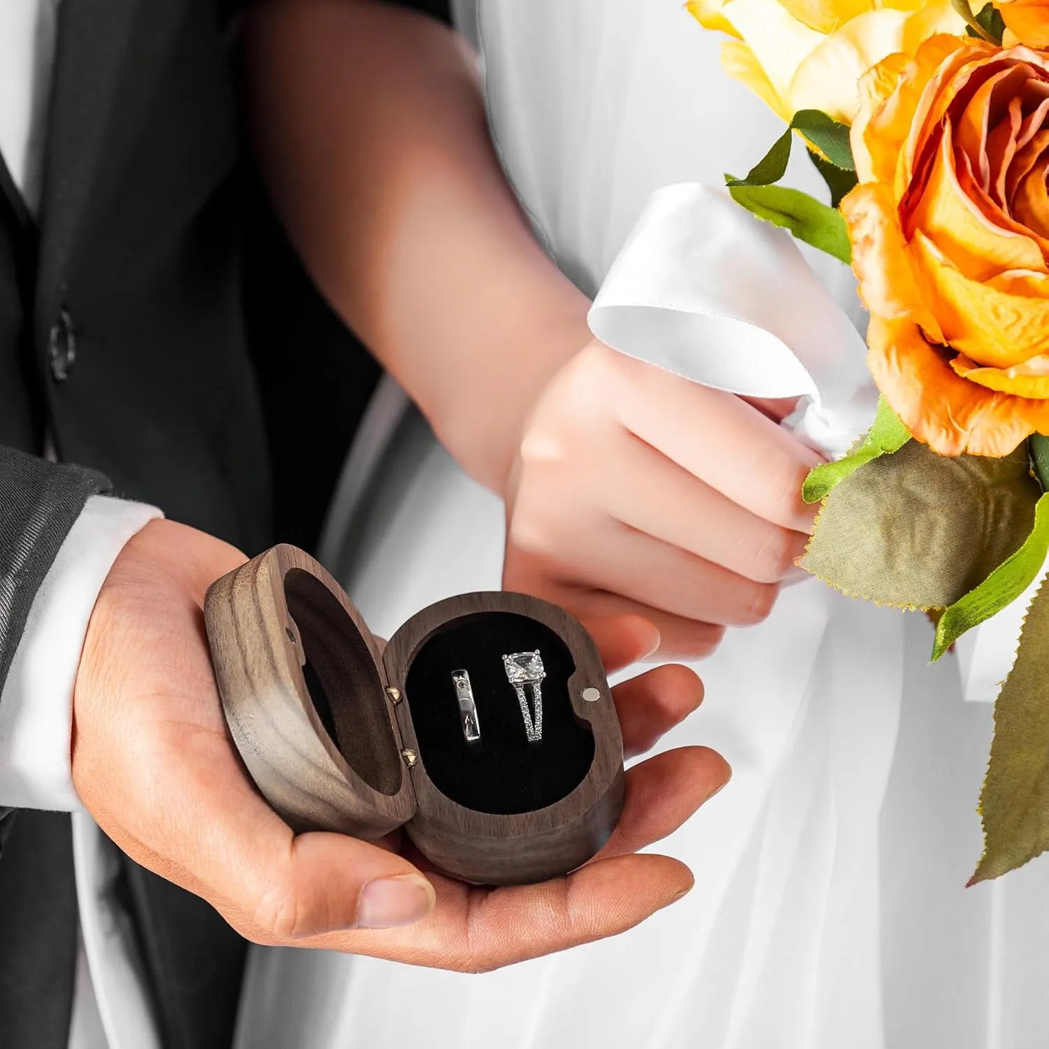 Mr & Mrs Wooden Ring Box Oval Wooden Ring Box with 2 Slots for Engagement Wedding Anniversary(Black Inner)