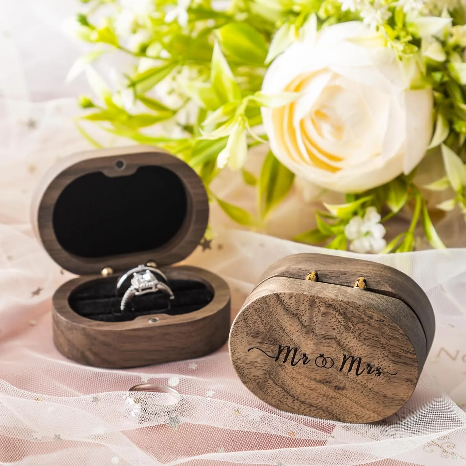 Mr & Mrs Wooden Ring Box Oval Wooden Ring Box with 2 Slots for Engagement Wedding Anniversary(Black Inner)