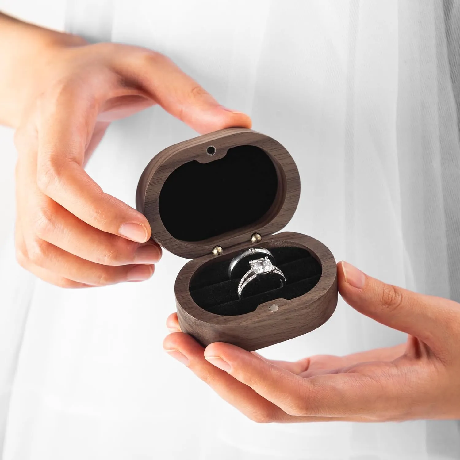 Mr & Mrs Wooden Ring Box Oval Wooden Ring Box with 2 Slots for Engagement Wedding Anniversary(Black Inner)