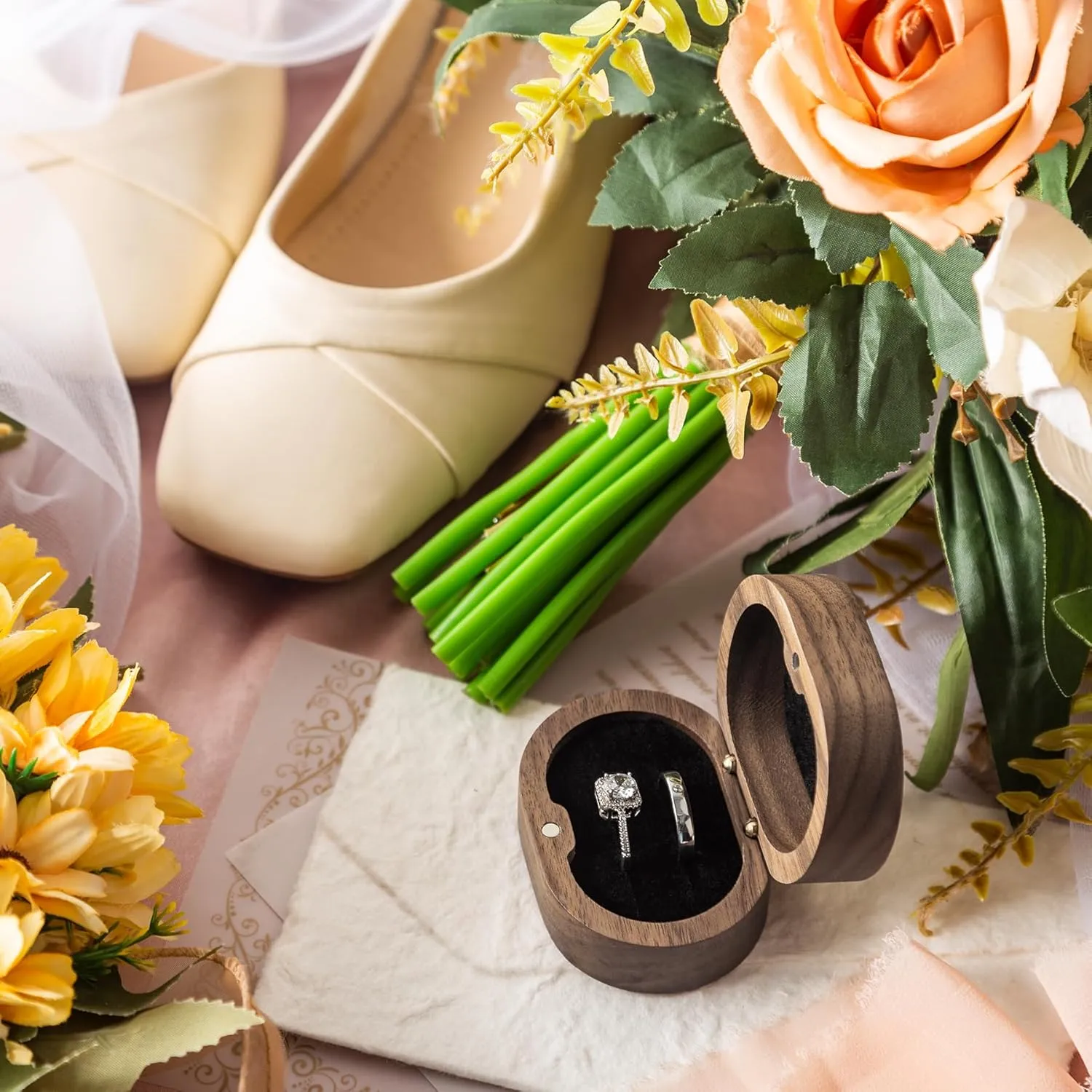 Mr & Mrs Wooden Ring Box Oval Wooden Ring Box with 2 Slots for Engagement Wedding Anniversary(Black Inner)