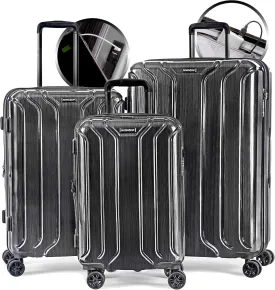NONSTOP New York Elite Luggage Expandable Lightweight Spinner Wheels hard side shell Travel Suitcase Set, TSA Lock, Double USB Port, 3 packing cubes, Charcoal, 3-piece Set (20/24/28) W/Power Bank