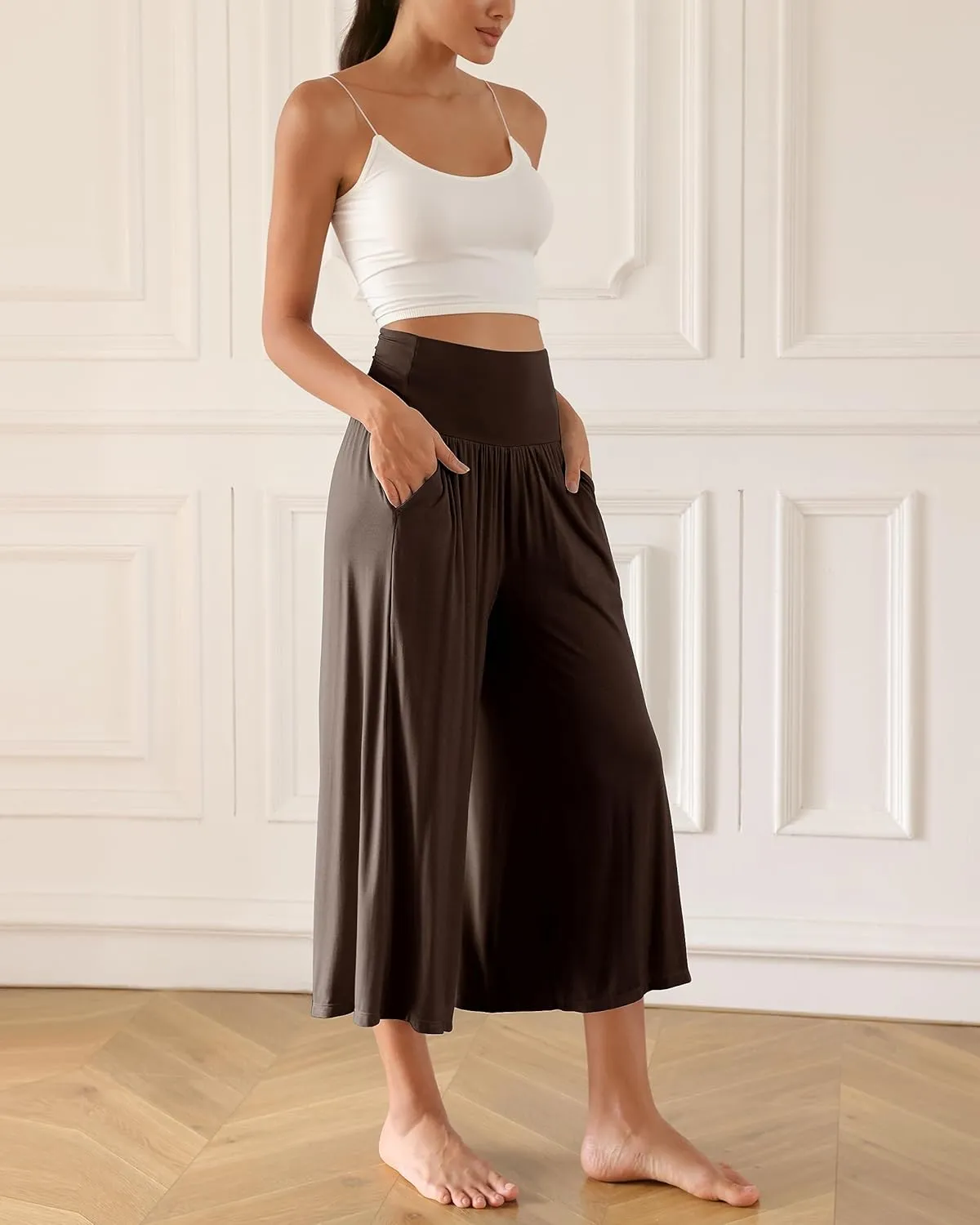 ODODOS Women's Wide Leg Palazzo Lounge Cropped Pants with Pockets Light Weight Comfy Pajama Capri Pants-20/22"/ 24" Inseam