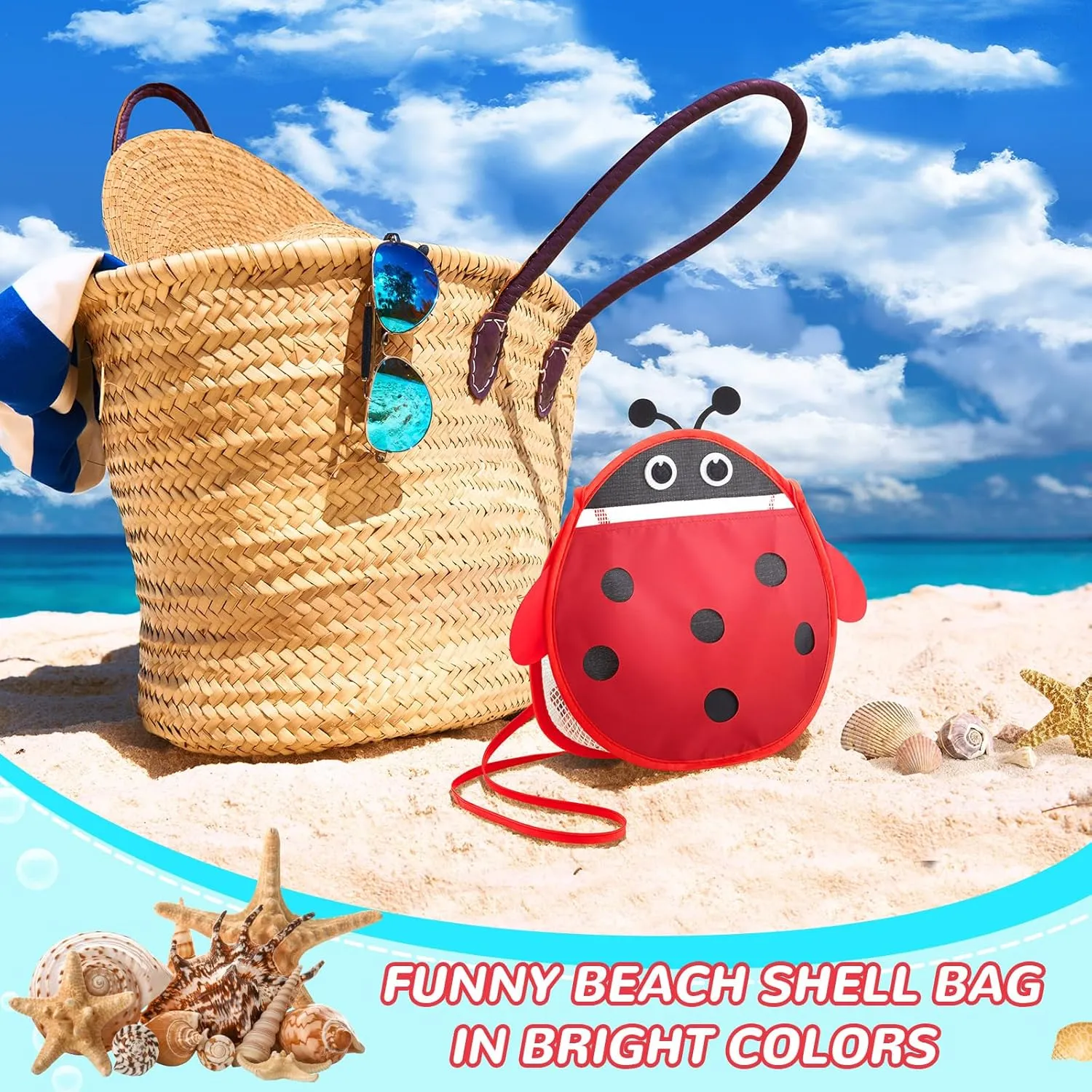Pack Seashell Collecting Mesh Beach Bag Adjustable Strap Mesh Bag for Beach Picking up Seashells