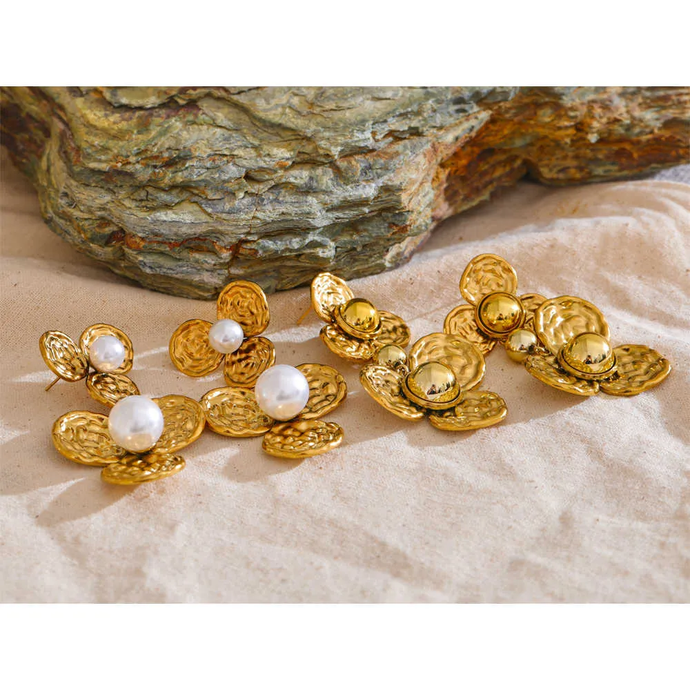 Pearl and Gold Flower Drop Earrings