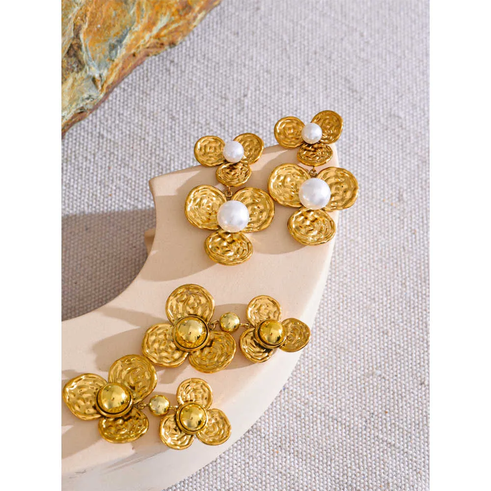 Pearl and Gold Flower Drop Earrings