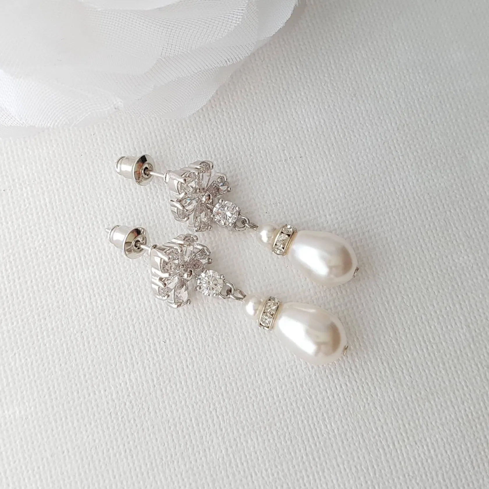 Pearl Drop Earrings for Weddings with Flower Ear Posts-Lila