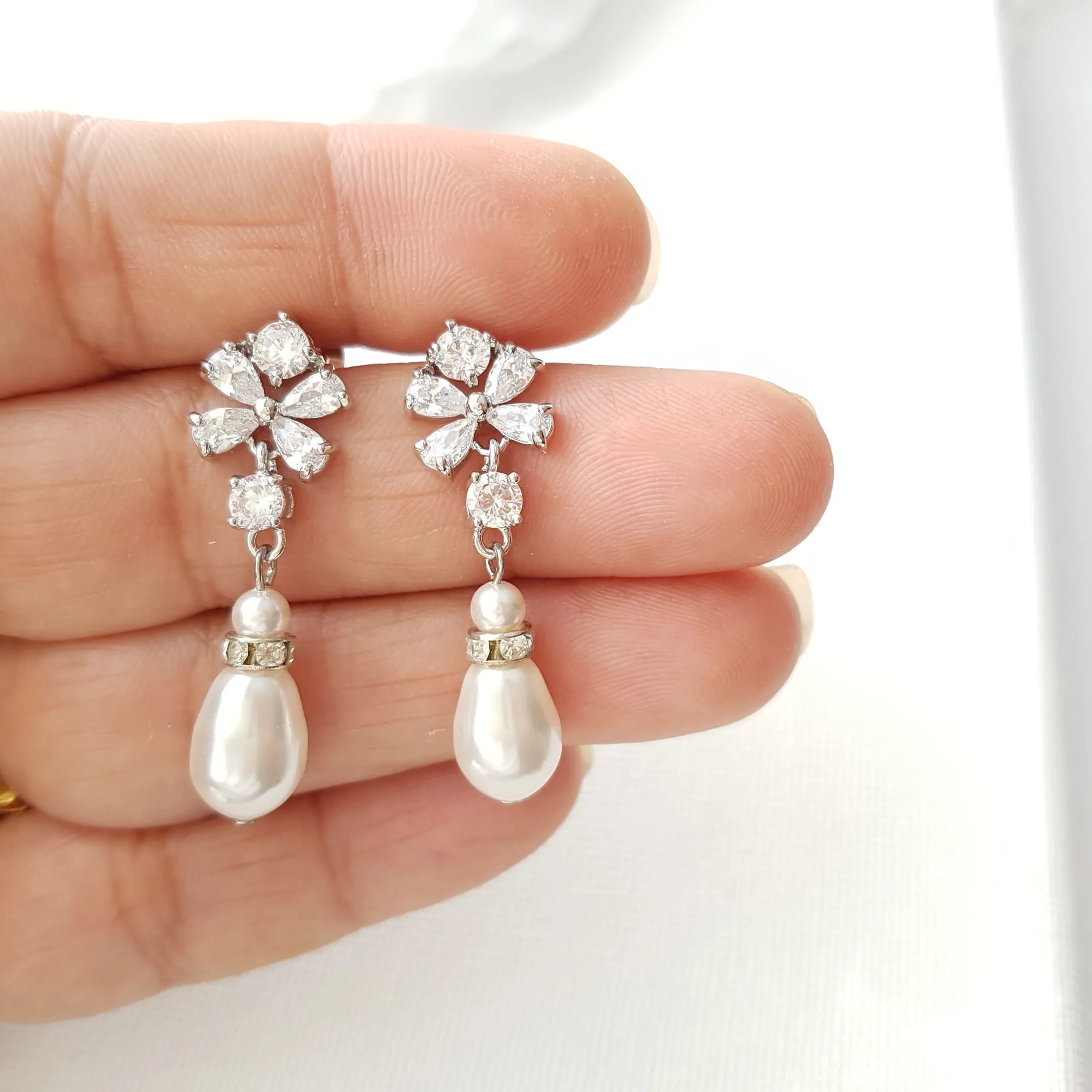 Pearl Drop Earrings for Weddings with Flower Ear Posts-Lila