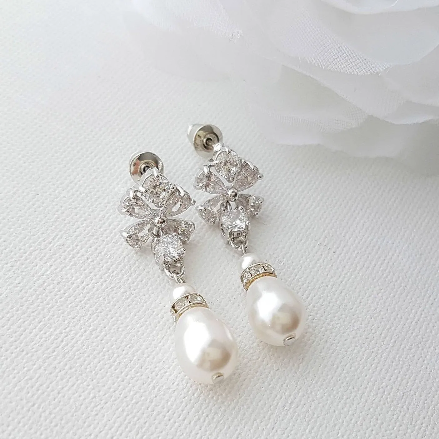 Pearl Drop Earrings for Weddings with Flower Ear Posts-Lila