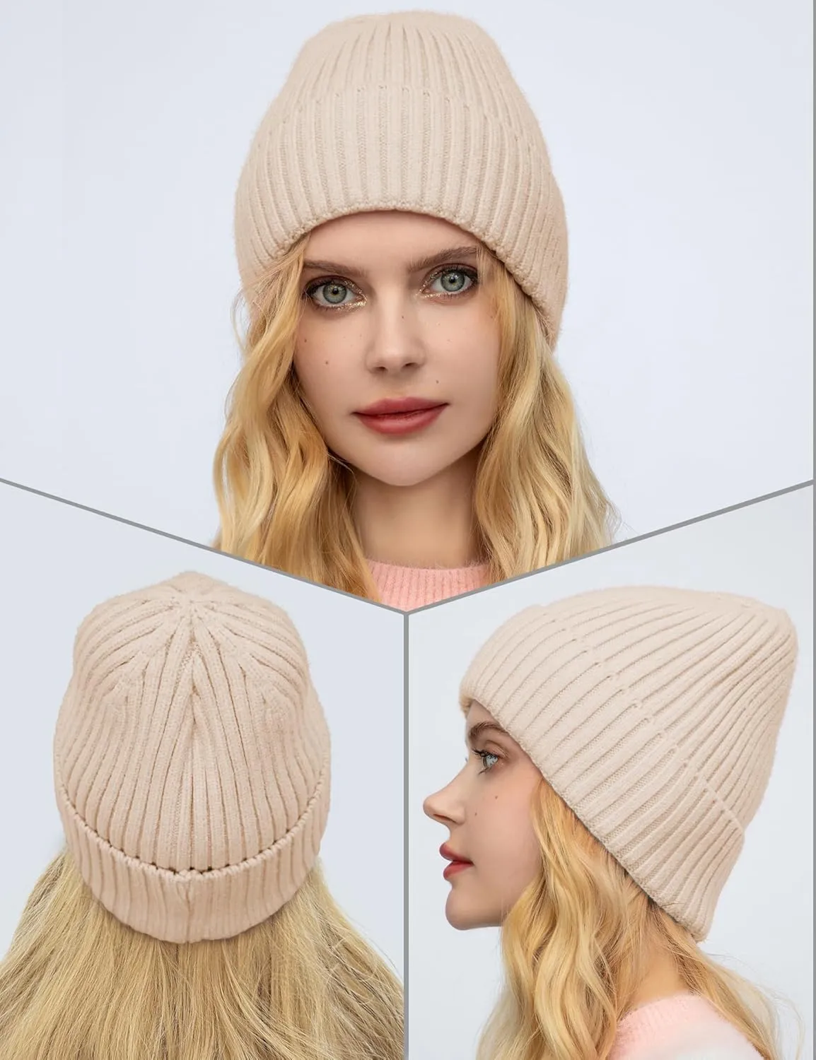 Satin Lined Wool Beanie Hat for Women Men Winter Cold, Warm Knit Fashion Cuffed Beanie Skull Cap Watch Cap