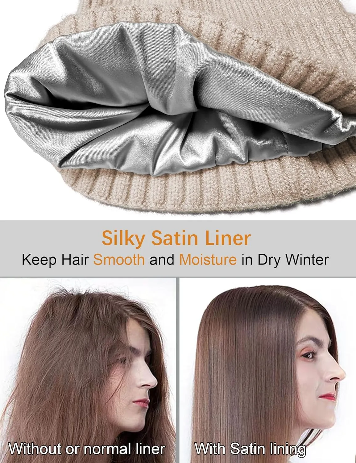 Satin Lined Wool Beanie Hat for Women Men Winter Cold, Warm Knit Fashion Cuffed Beanie Skull Cap Watch Cap