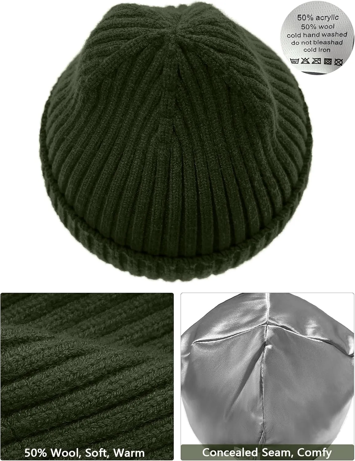 Satin Lined Wool Beanie Hat for Women Men Winter Cold, Warm Knit Fashion Cuffed Beanie Skull Cap Watch Cap