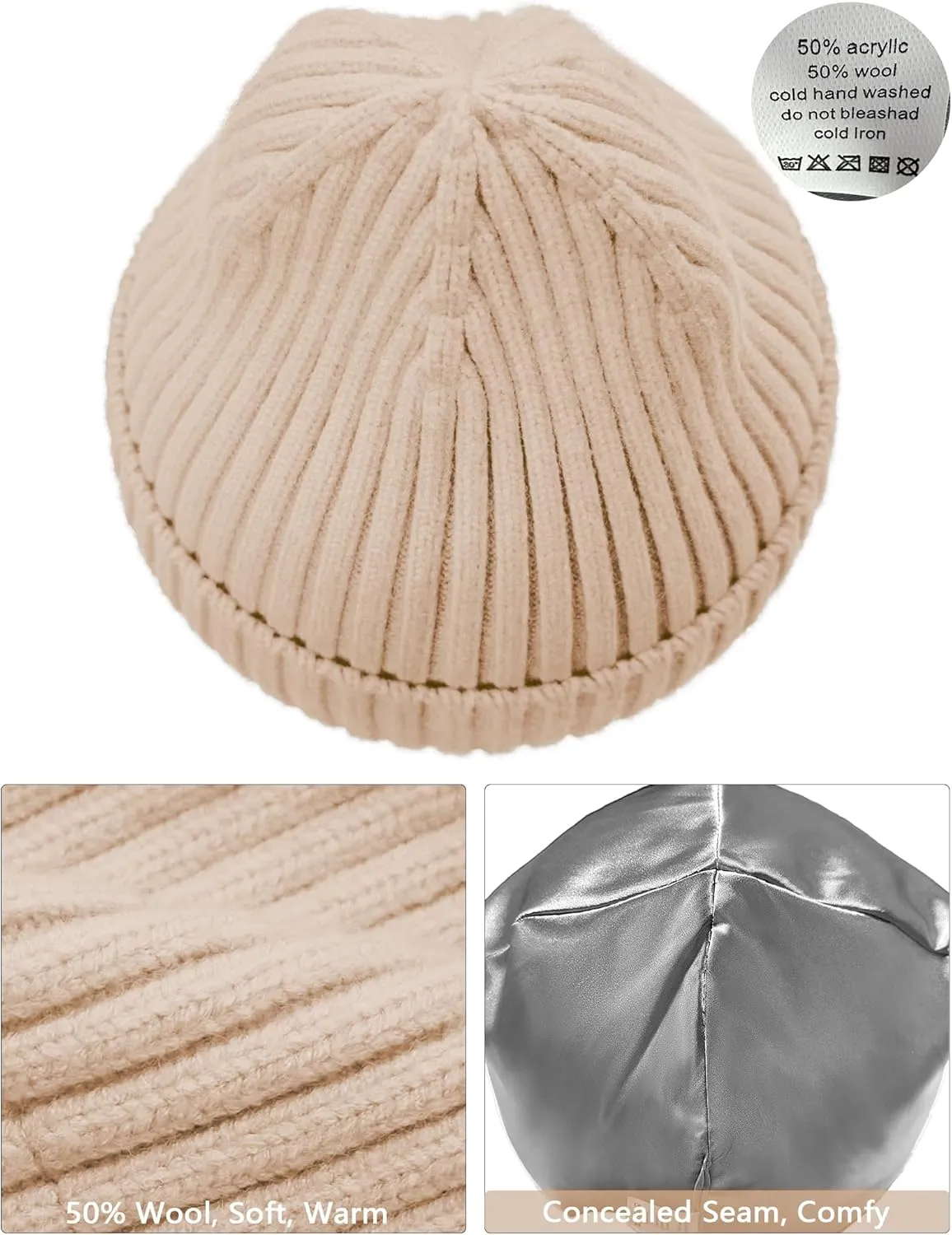 Satin Lined Wool Beanie Hat for Women Men Winter Cold, Warm Knit Fashion Cuffed Beanie Skull Cap Watch Cap