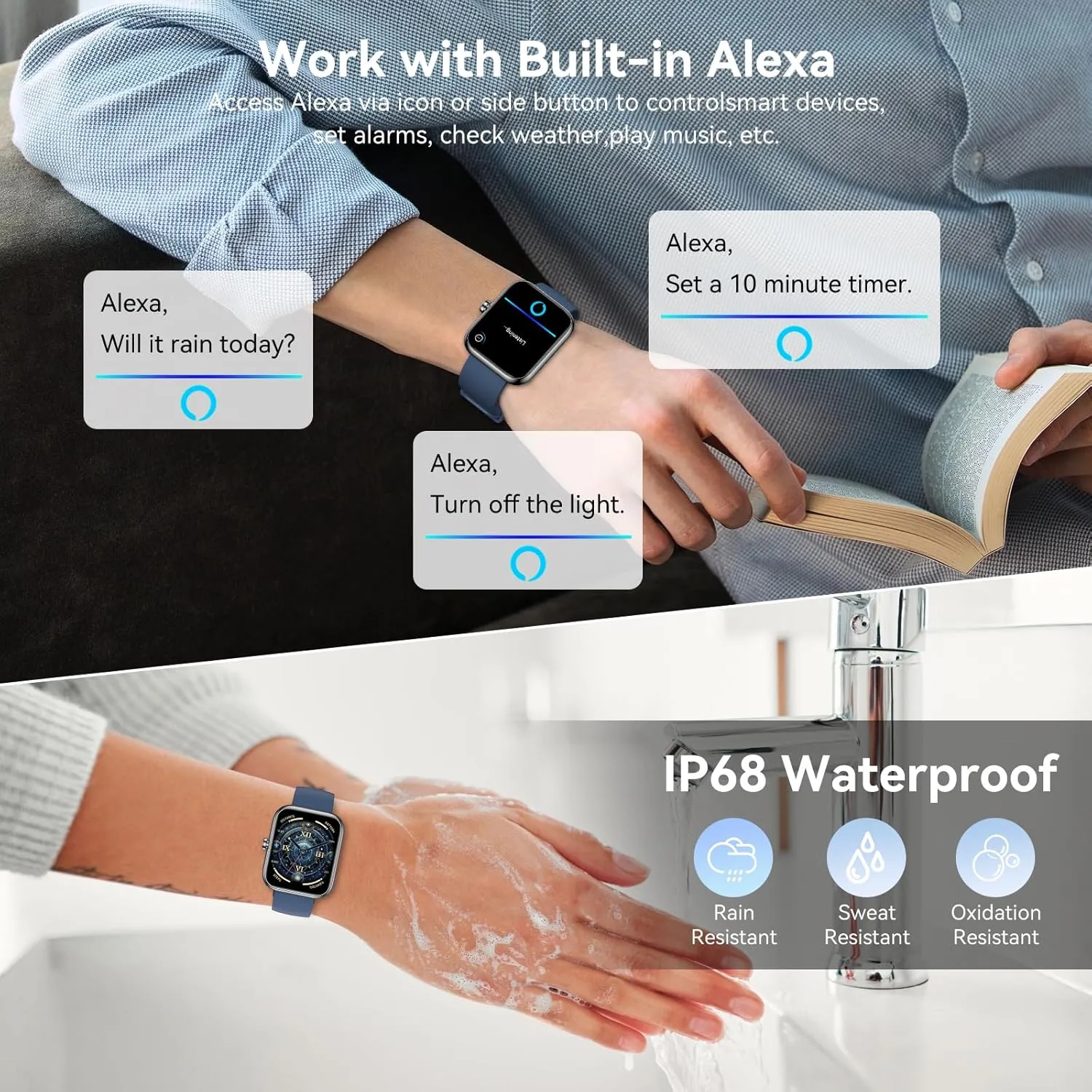 Smart Watch with Alexa Built-in?, 1.83" HD Fitness Tracker with Bluetooth Calls/Messages, IP68 Waterproof, 120  Sports Modes, 24/7 Heart Rate/Sleep Smartwatch Compatible with iOS/Android (Blue)