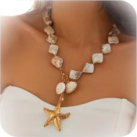 Starfish Necklace for Women Gold Seashell Starfish Pendant Necklace Layered Pearl Star Fish Choker Summer Beach Jewelry Outfit Accessories for Her