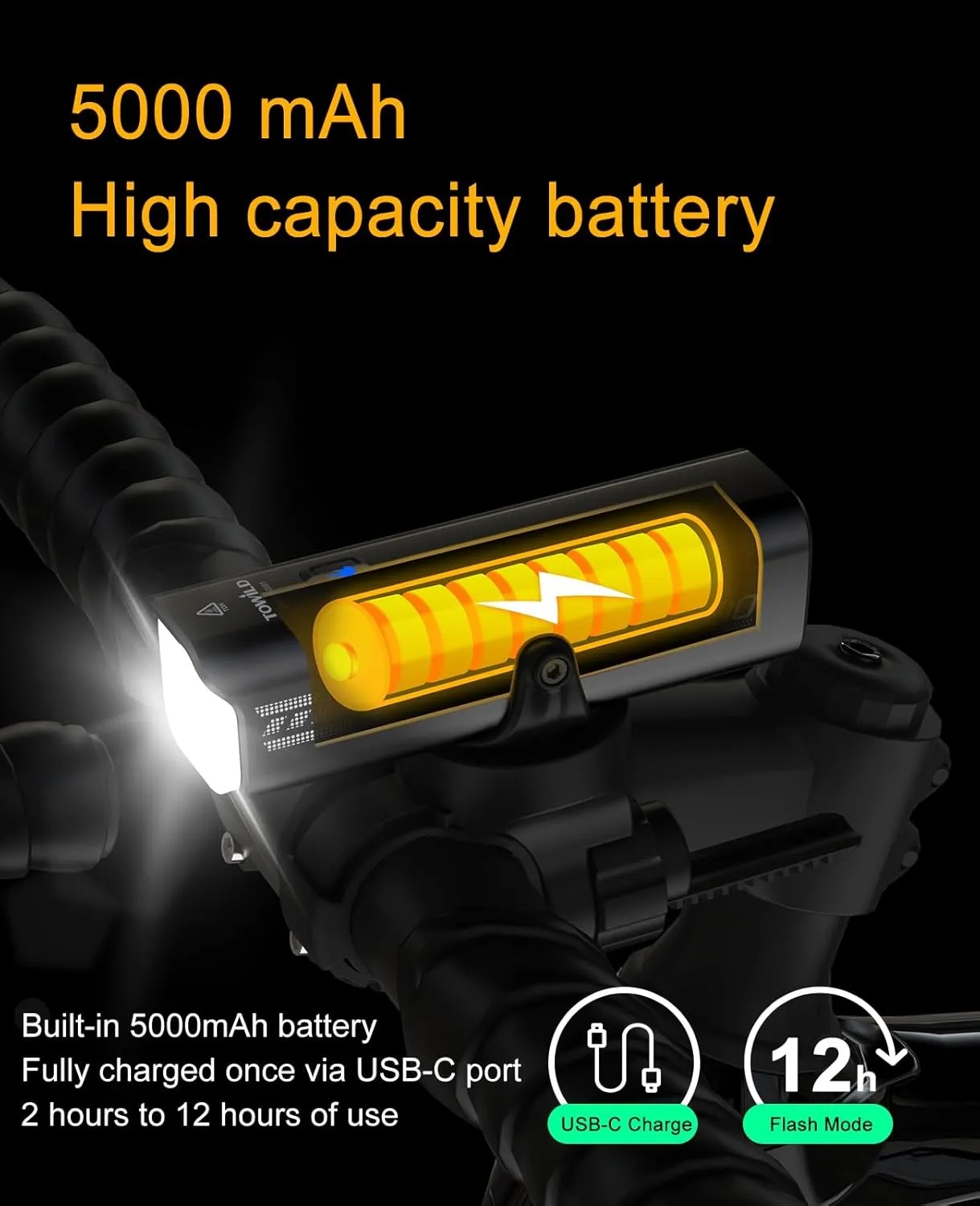 TOWILD Bike Lights for Night Riding,Compatible with Garmin/GoPro Mount,600 Lumen Bike Headlight,2000mAh Rechargeable Battery,Waterproof Bike Front Light for Commuter Cyclists-Fits All Bikes