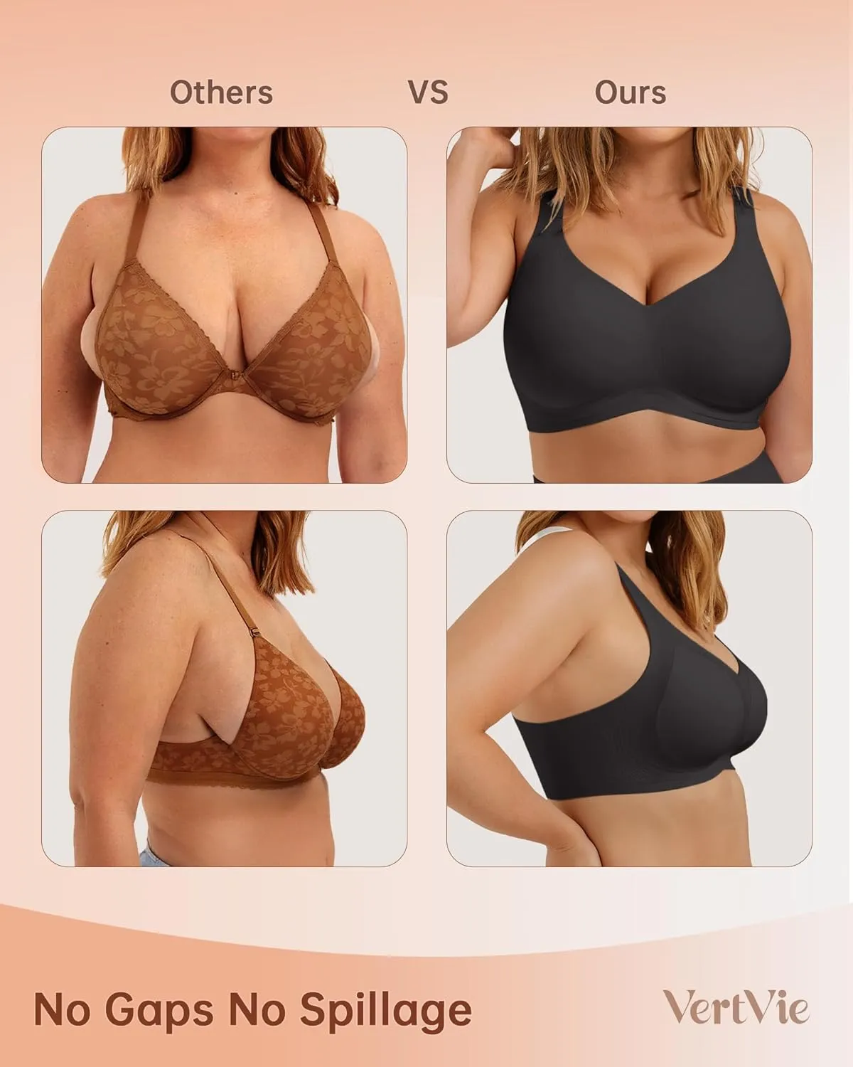 Vertvie Bras for Women No Underwire Wireless Support Bra Underarm-Smoothing Seamless Push Up Full Coverage T-Shirt Sports Bra